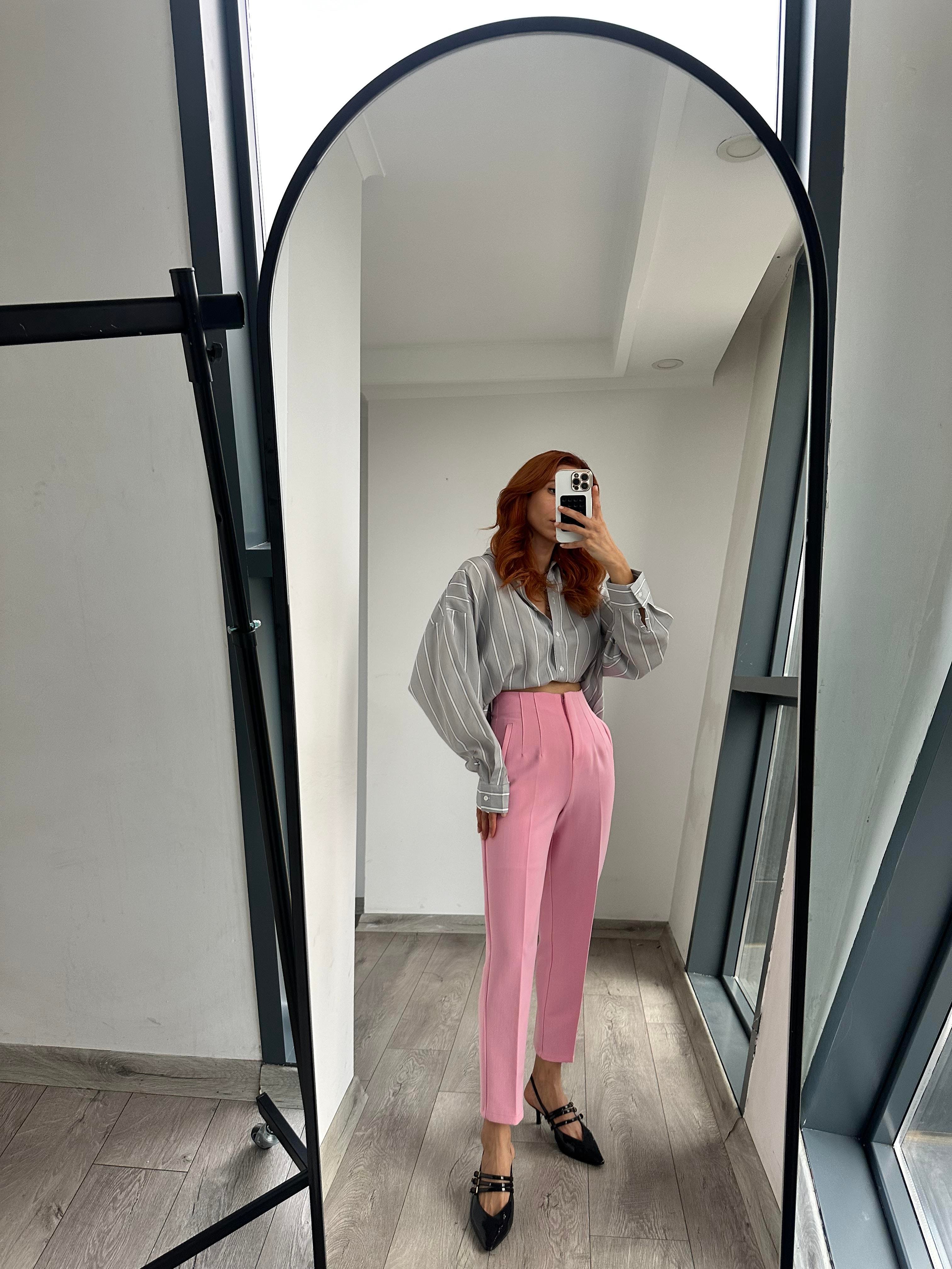 PUDRA PEMBE YÜKSEK BEL FİLETO  PANTOLON