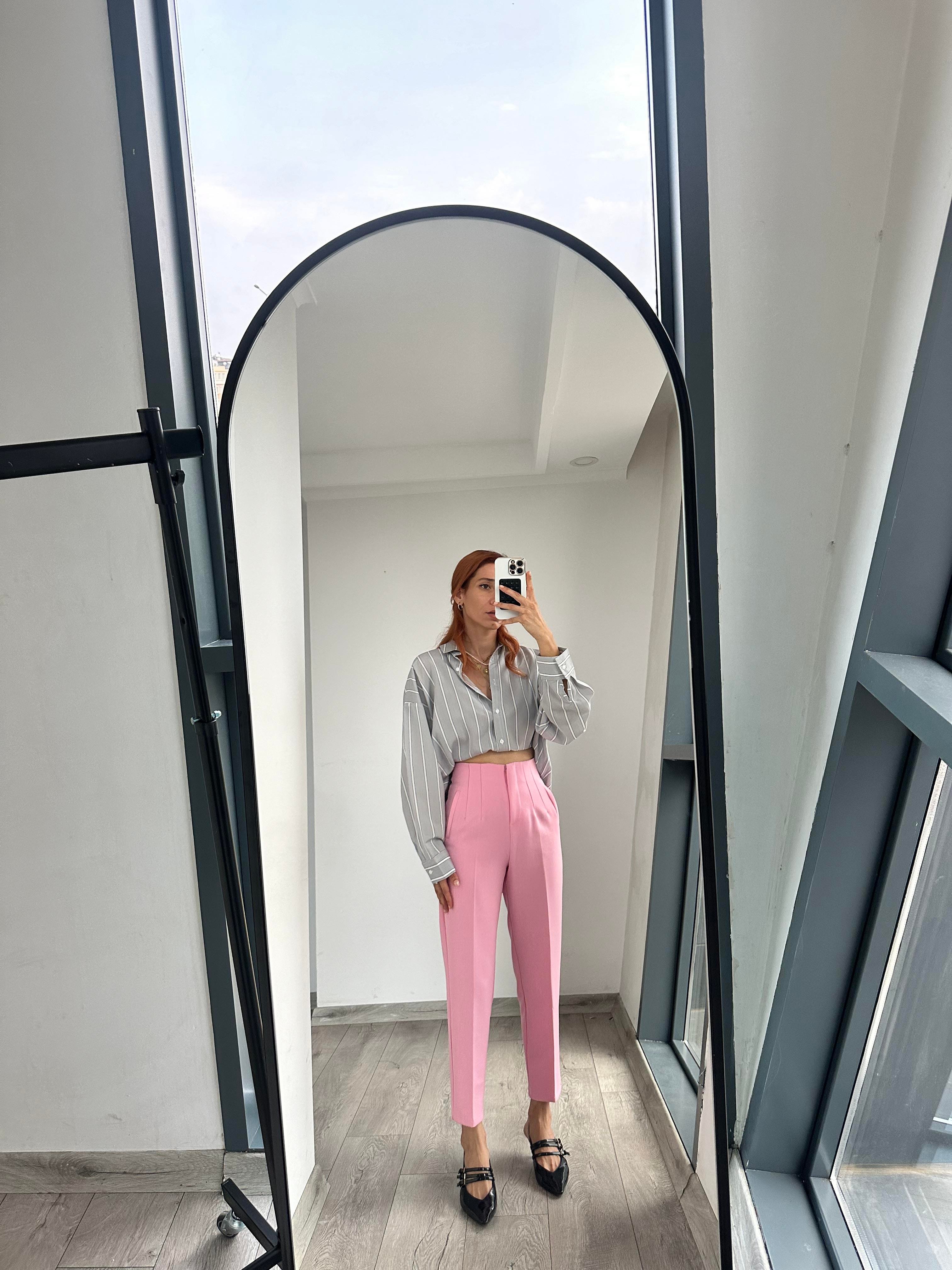 PUDRA PEMBE YÜKSEK BEL FİLETO  PANTOLON