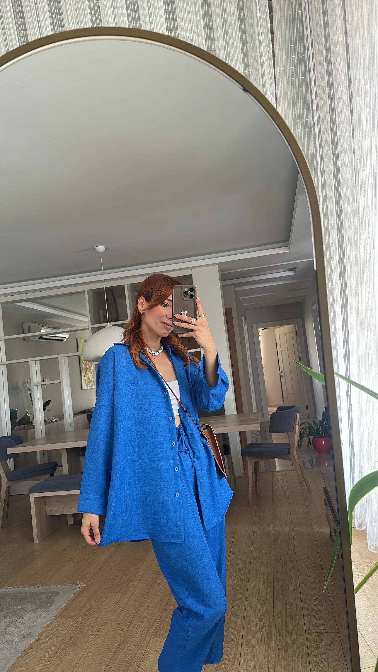 Saks Mavi Bel Lastik Pantolon Gömlek Takım 