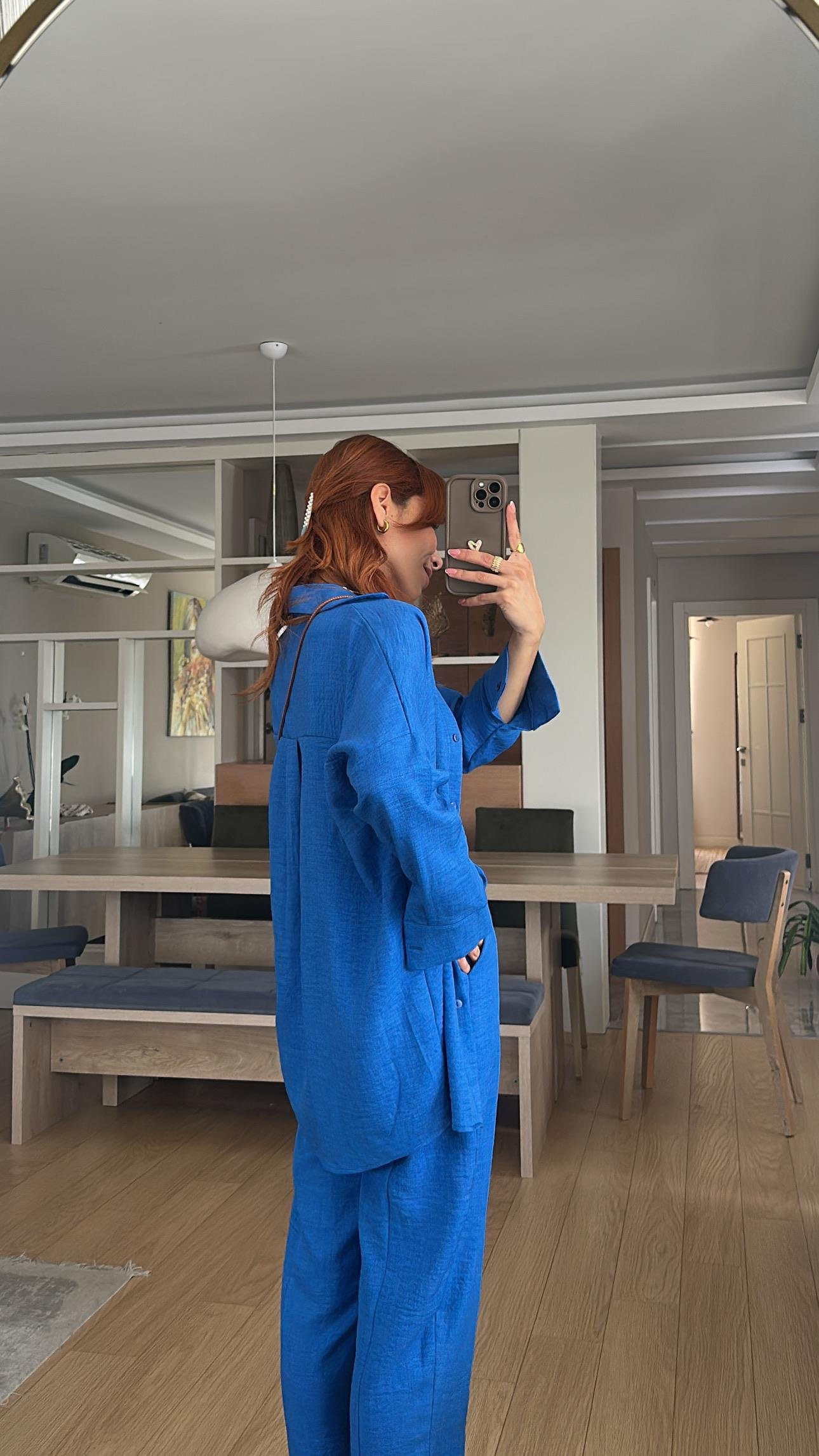 Saks Mavi Bel Lastik Pantolon Gömlek Takım 