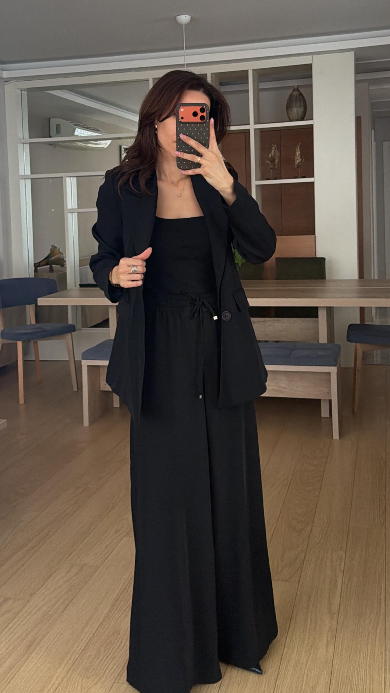 Siyah Bel Lastikli Pantolon Blazer Ceket Takım Elbise 