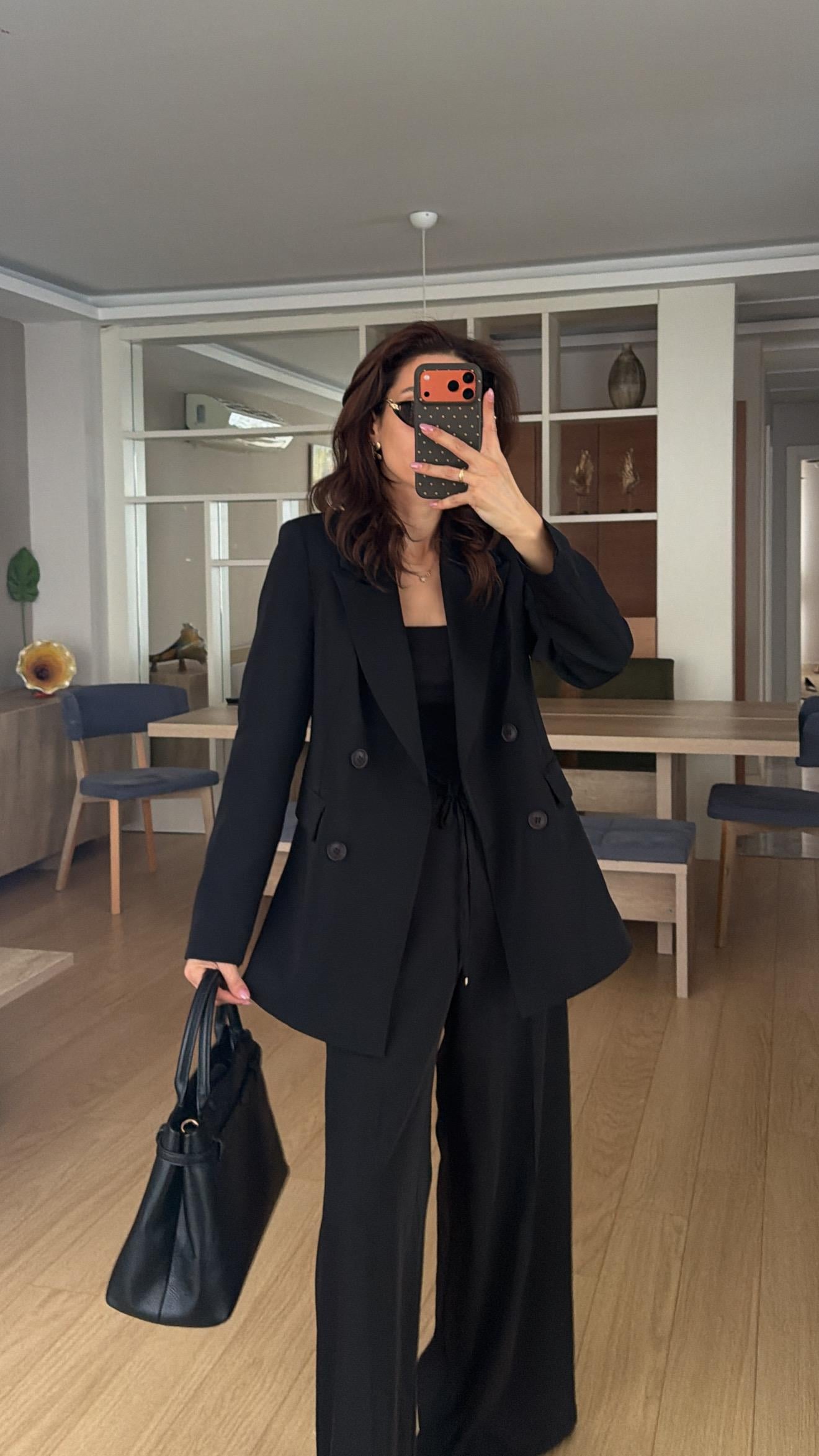 Siyah Bel Lastikli Pantolon Blazer Ceket Takım Elbise 