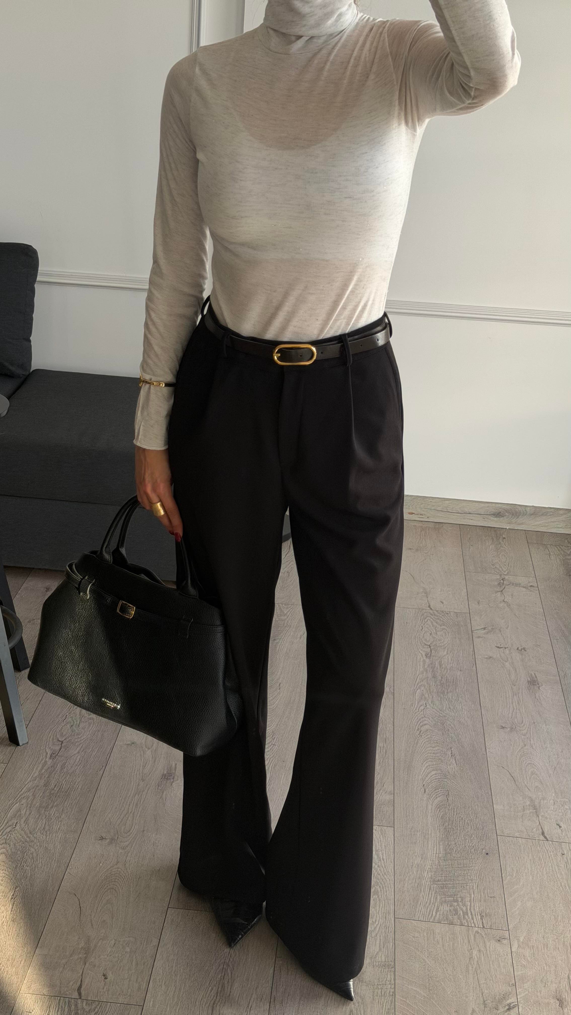 Siyah Beli Lastikli Kemerli Bol Pantolon