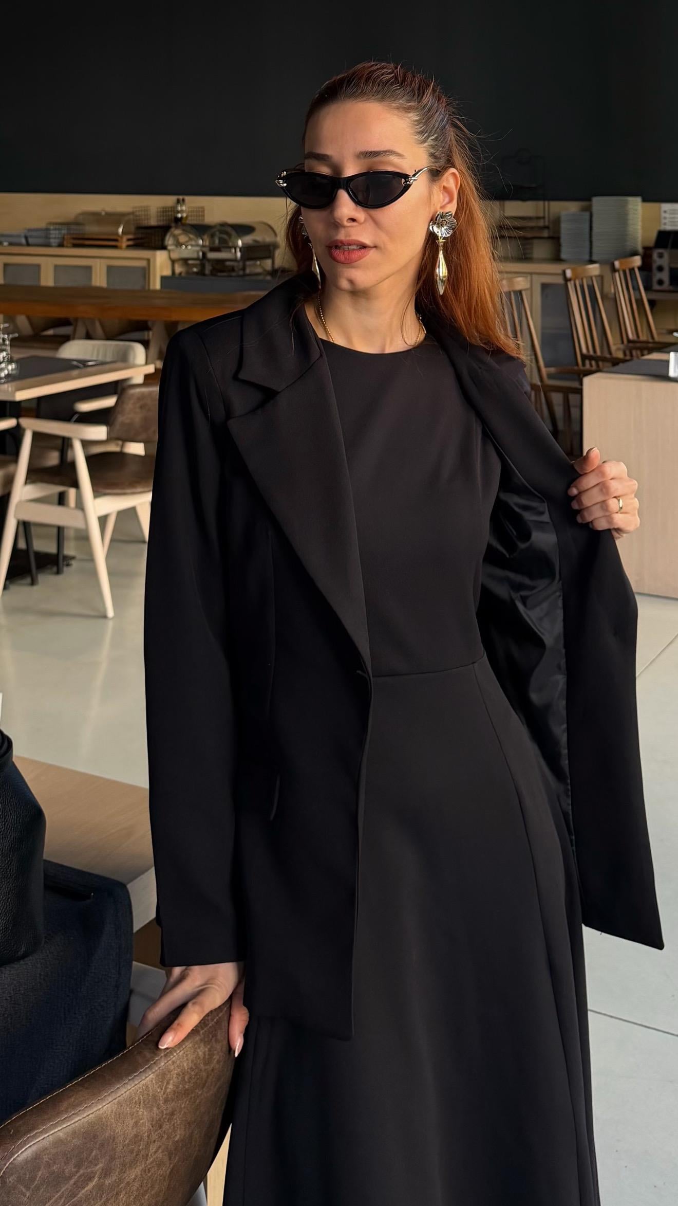 Siyah Uzun Elbise Astarlı Blazer Ceket Takım 
