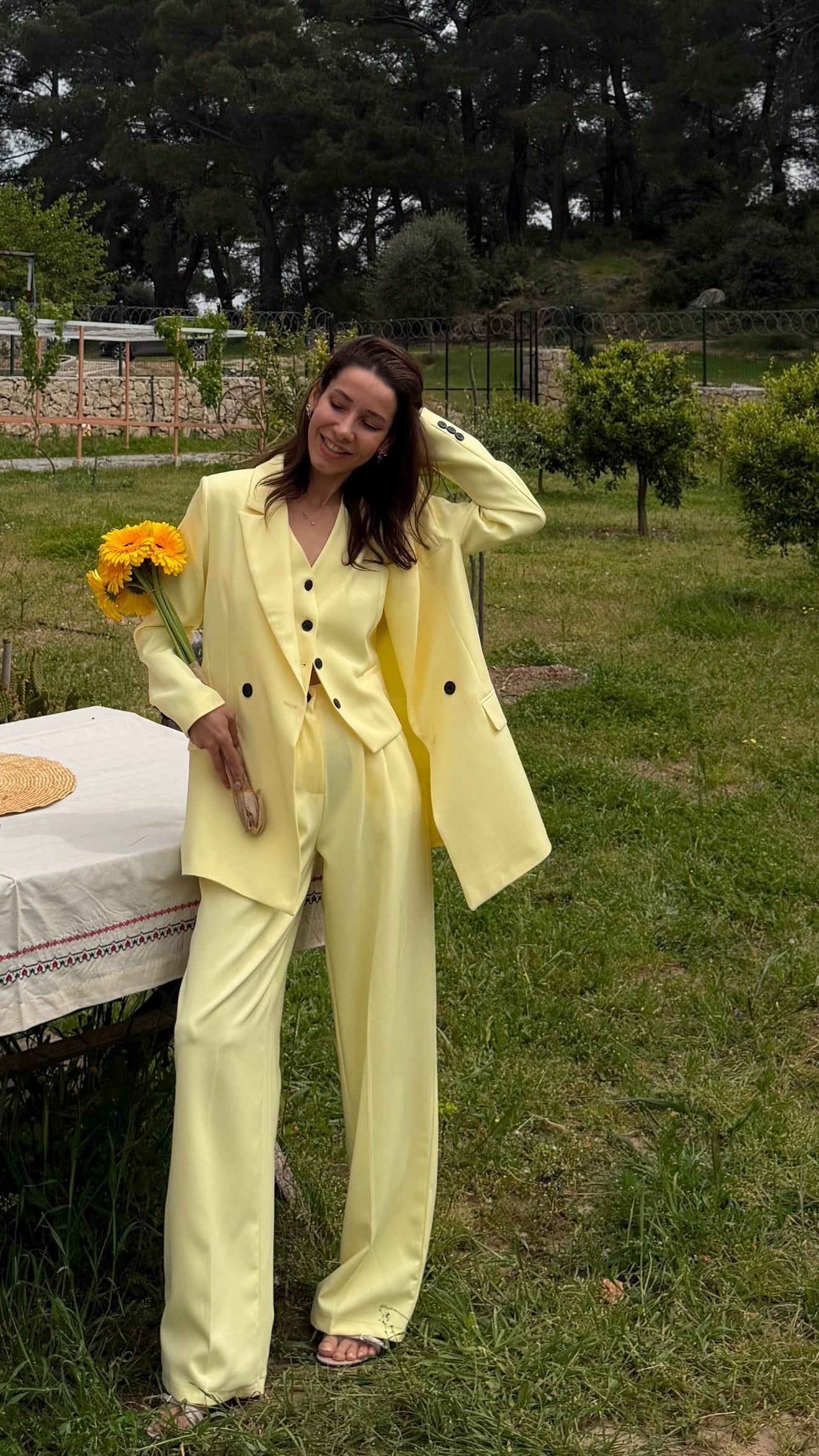 SOFT SARI  YELEKLİ PİLE DETAY PALAZZO OVERSİZE CEKET TAKIM ELBİSE 