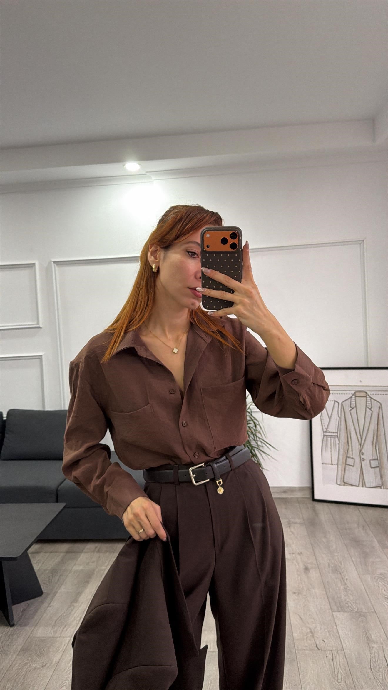 Tensel  Kumaş Dökümlü Kahve  Gömlek 