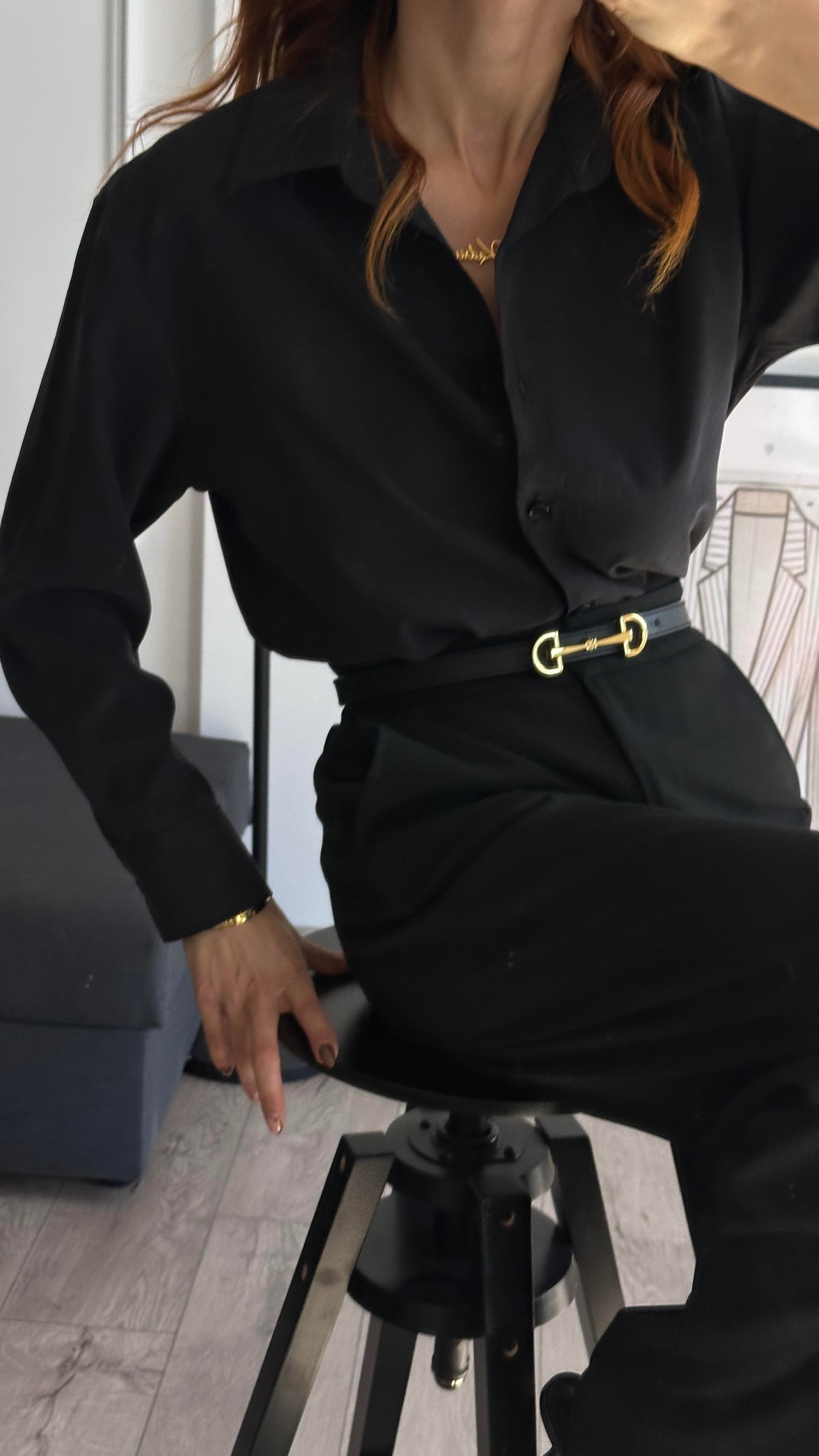 Tensel  Kumaş Dökümlü Siyah Gömlek 