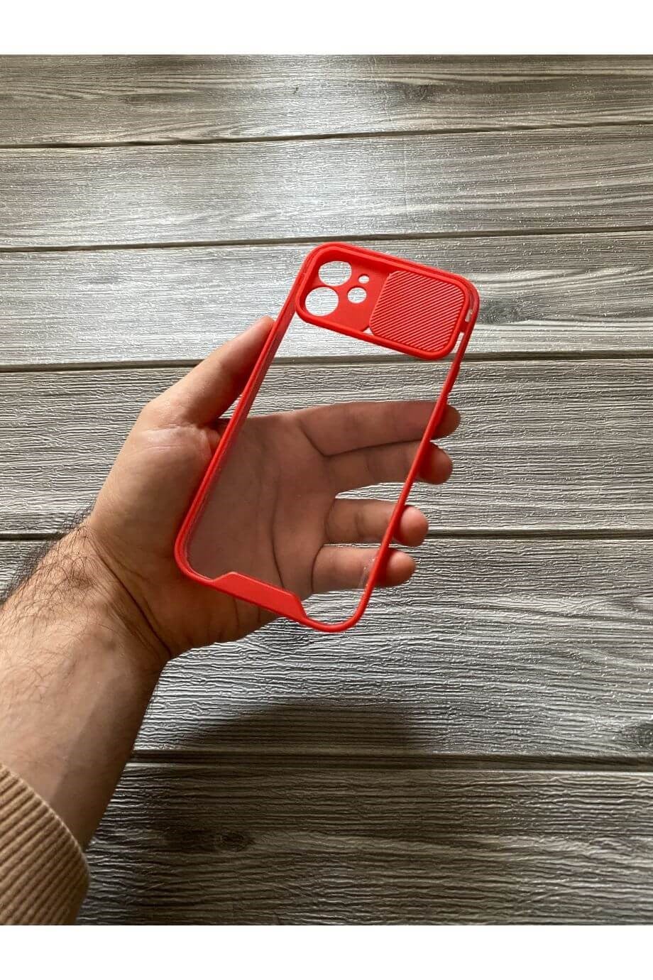 iPhone 12 Kırmızı Kamera Sürgülü Şeffaf Kılıf