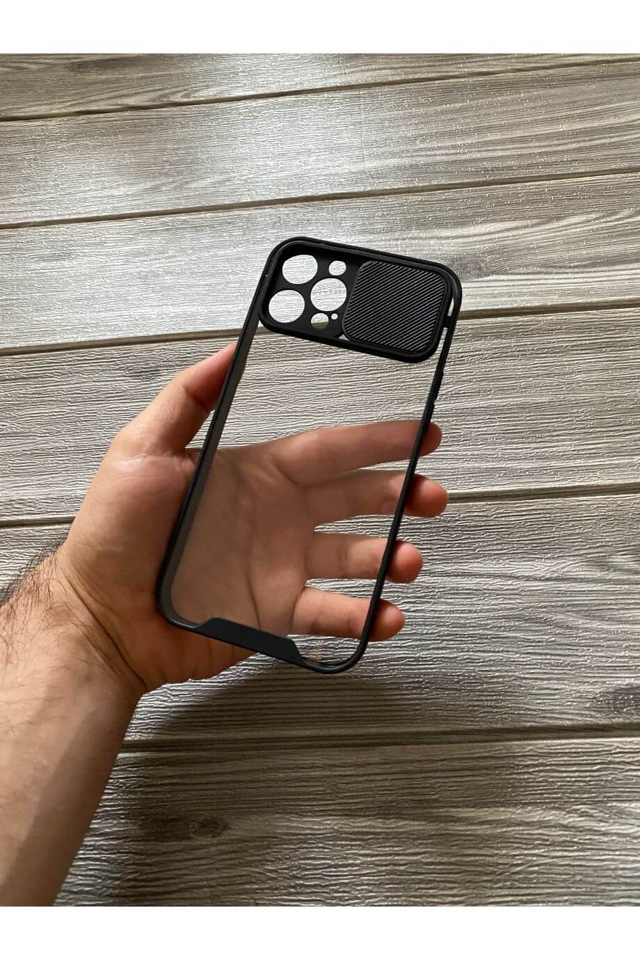 iPhone 12 Pro Max Siyah Kamera Sürgülü Şeffaf Kılıf