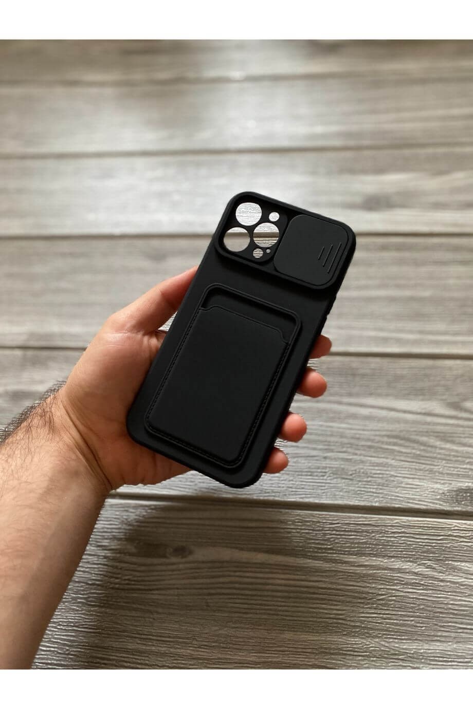 iPhone 12 Pro Max Siyah Kart Bölmeli Sürgülü Kılıf