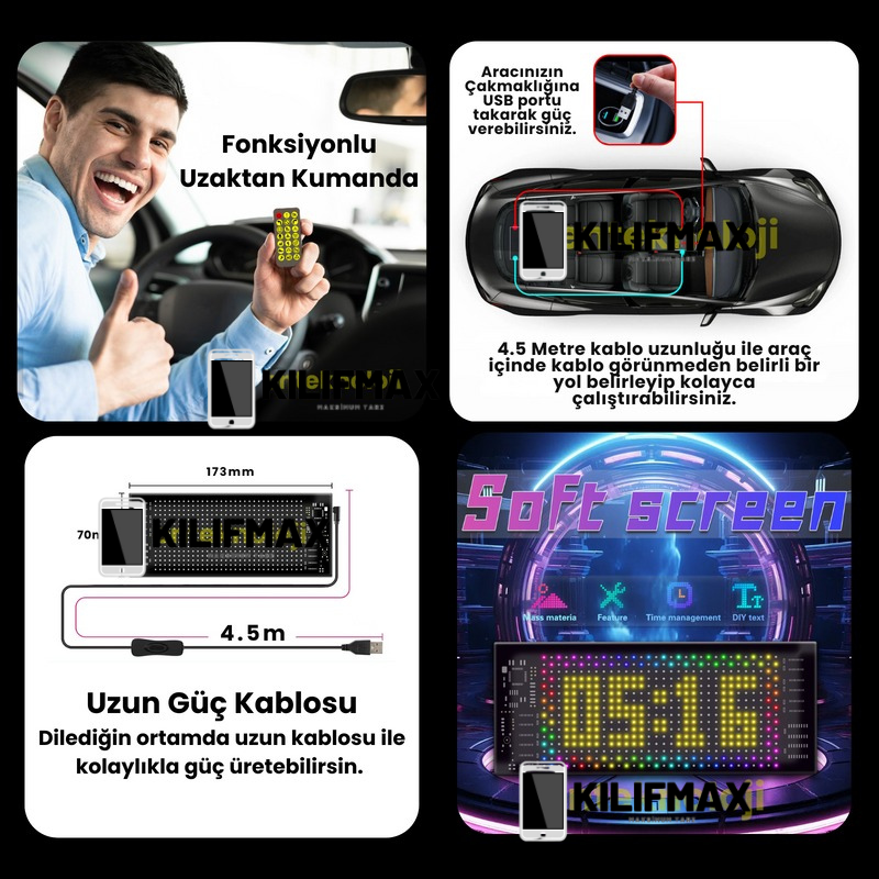 Kişiselleştirilebilir Matrix Car LED Ekran (90x19cm)