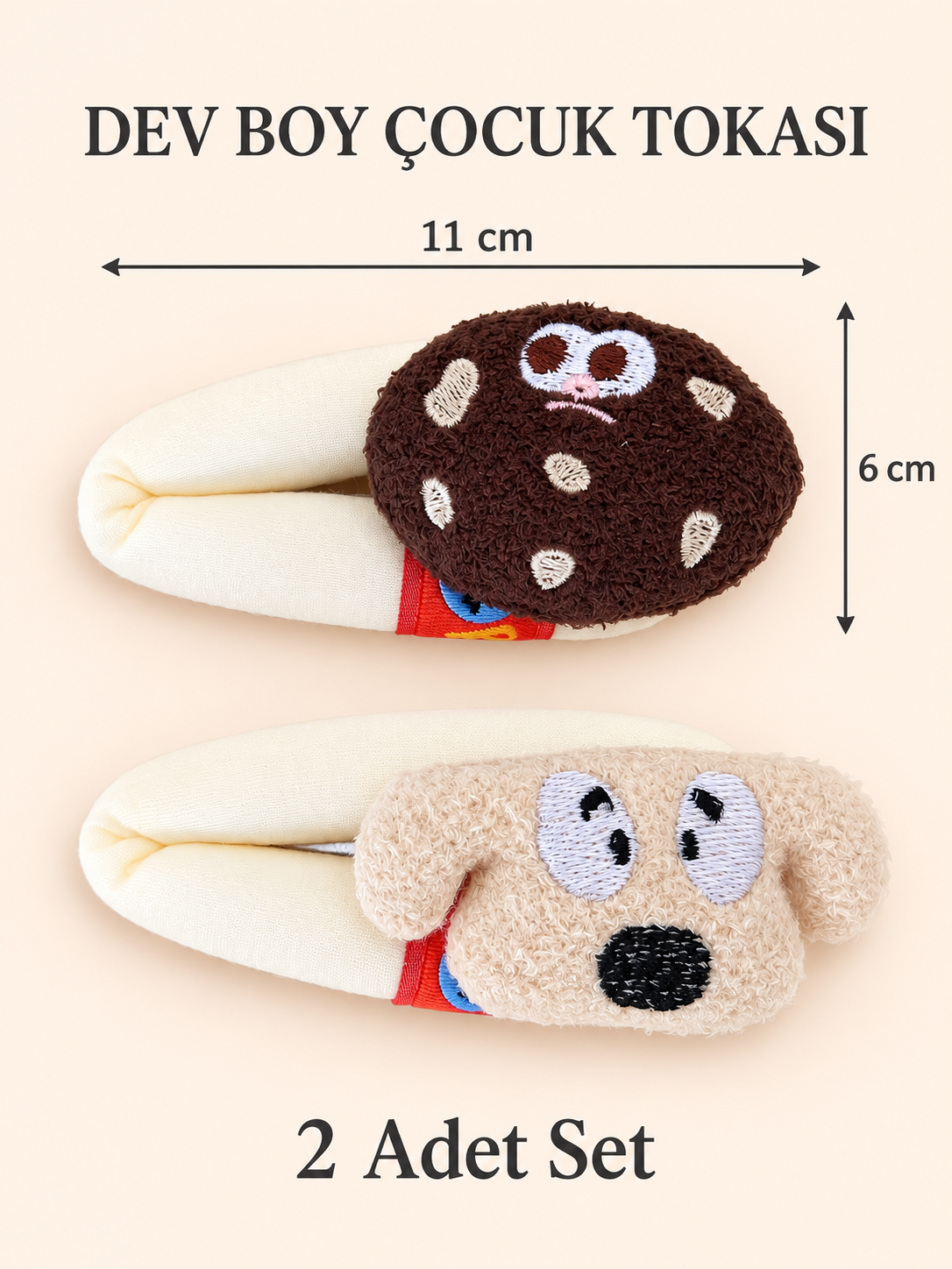 2'Li Set Dev Peluş Kurabiye Ve Köpek Temalı Çıt Çıt Pens Toka - 2 Adet (11 Cm X 6 Cm ) Kurabiye Ve Köpek Figürlü Büyük Boy Peluş Saç Tokası Seti – 2Li - Miamantra