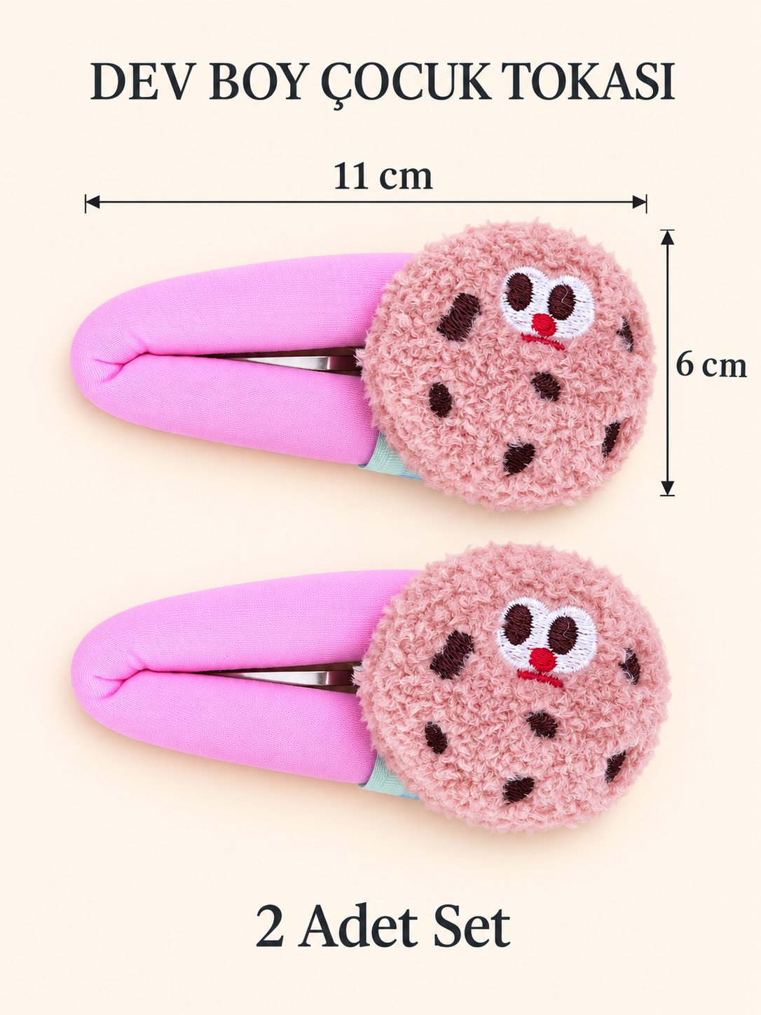2'Li Set Dev Peluş Pembe Kurabiye Temalı Çıt Çıt Pens Toka - 2 Adet (11 Cm X 6 Cm ) Pembe Kurabiye Figürlü Büyük Boy Peluş Saç Tokası Seti – 2Li - Miamantra