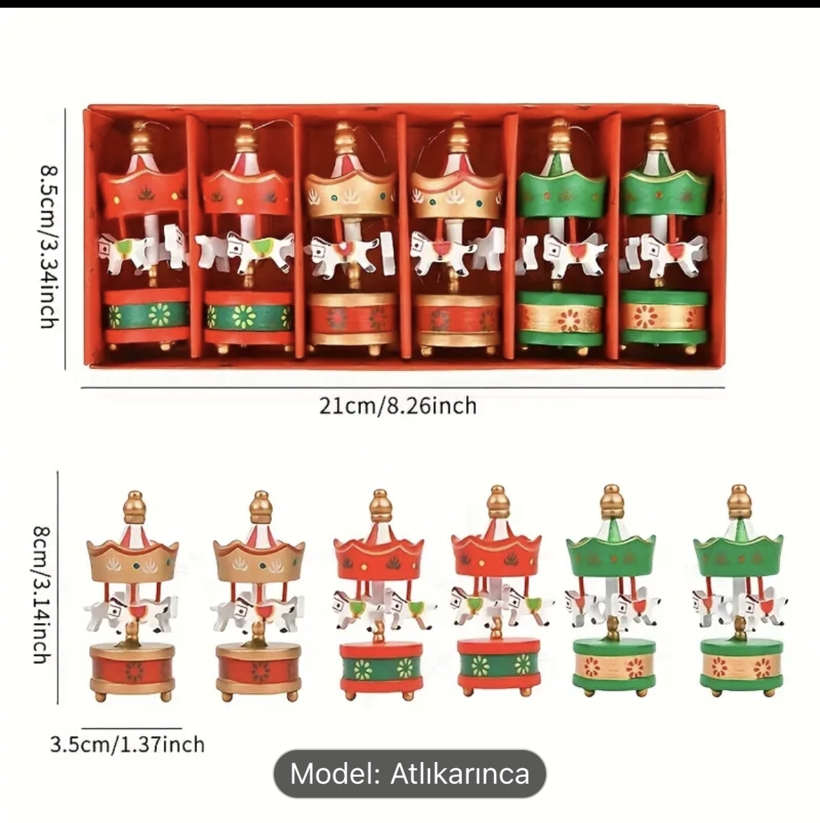 6 Adet Atlıkarınca Yılbaşı Ağaç Süsü/ Kutulu ve 6'lı Set Ahşap Atlıkarınca Yeniyıl Süsü/Yılbaşı Hediyesi - Miamantra