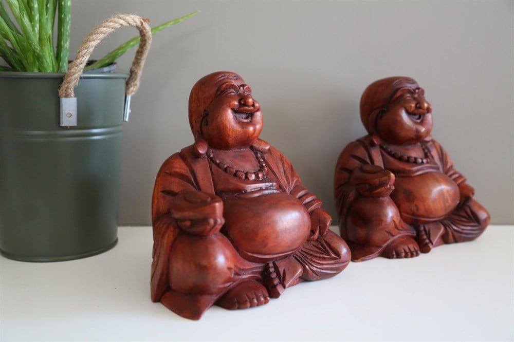 Ahşap El Yapımı Gülen Buda Heykelciği (Büyük Boy 20-21 cm)