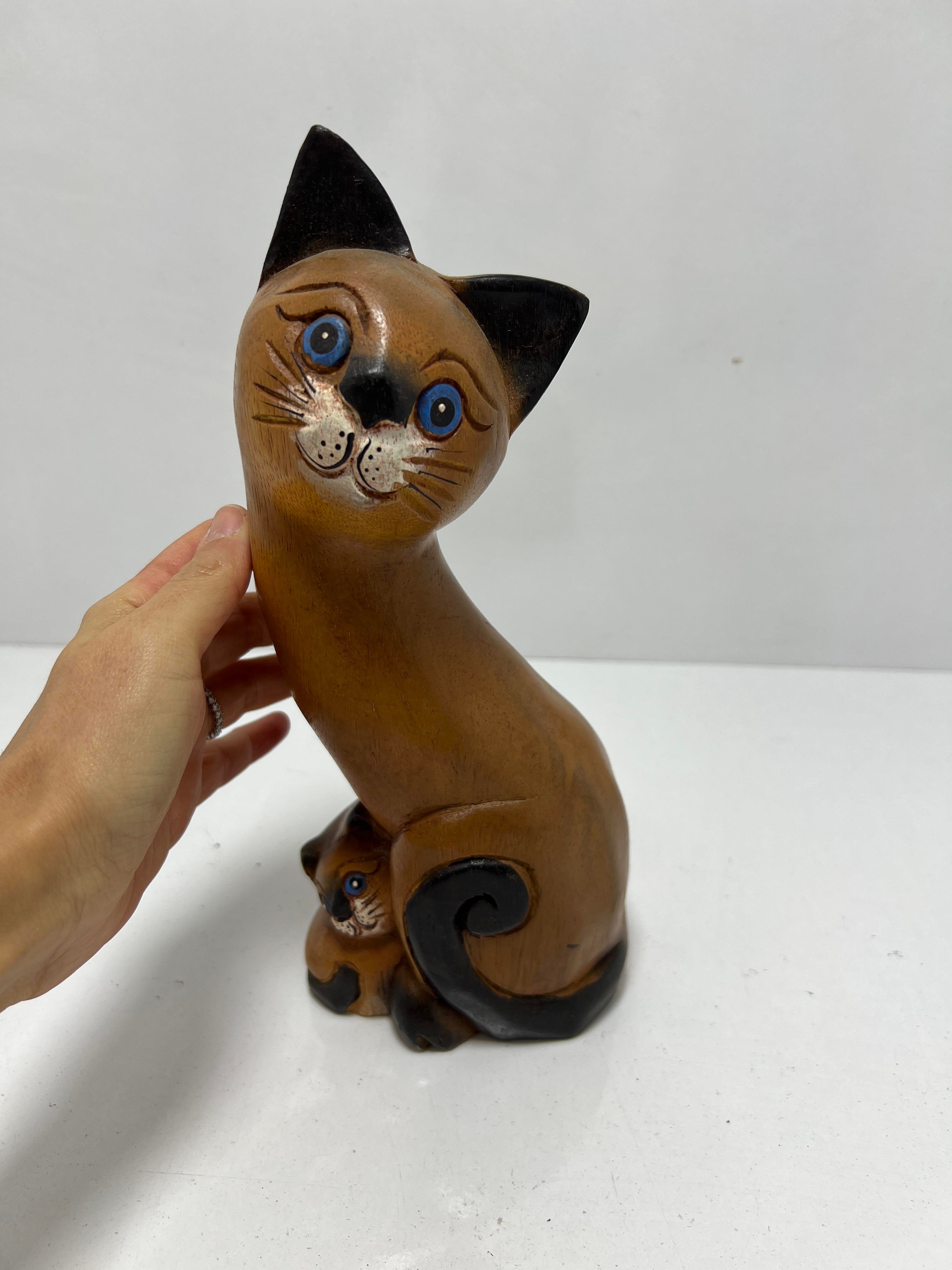 Ahşap Kedi Biblo Yavrulu 10 Inç - Miamantra