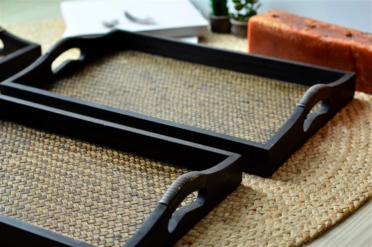 Ahşap Rattan Detaylı Tepsi 3'lü Set (30 cm * 50 cm)