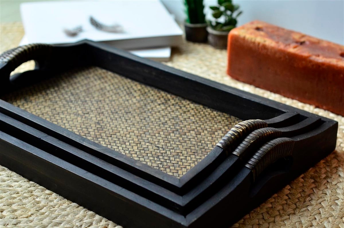Ahşap Rattan Detaylı Tepsi 3'lü Set (30 cm * 50 cm)