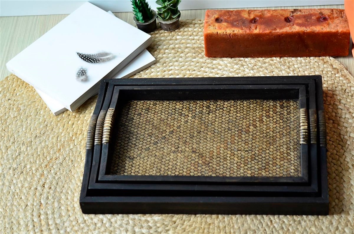 Ahşap Rattan Detaylı Tepsi 3'lü Set (30 cm * 50 cm)