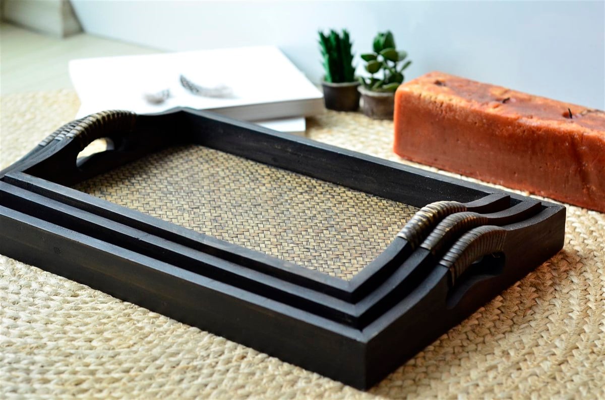 Ahşap Rattan Detaylı Tepsi 3'lü Set (30 cm * 50 cm)
