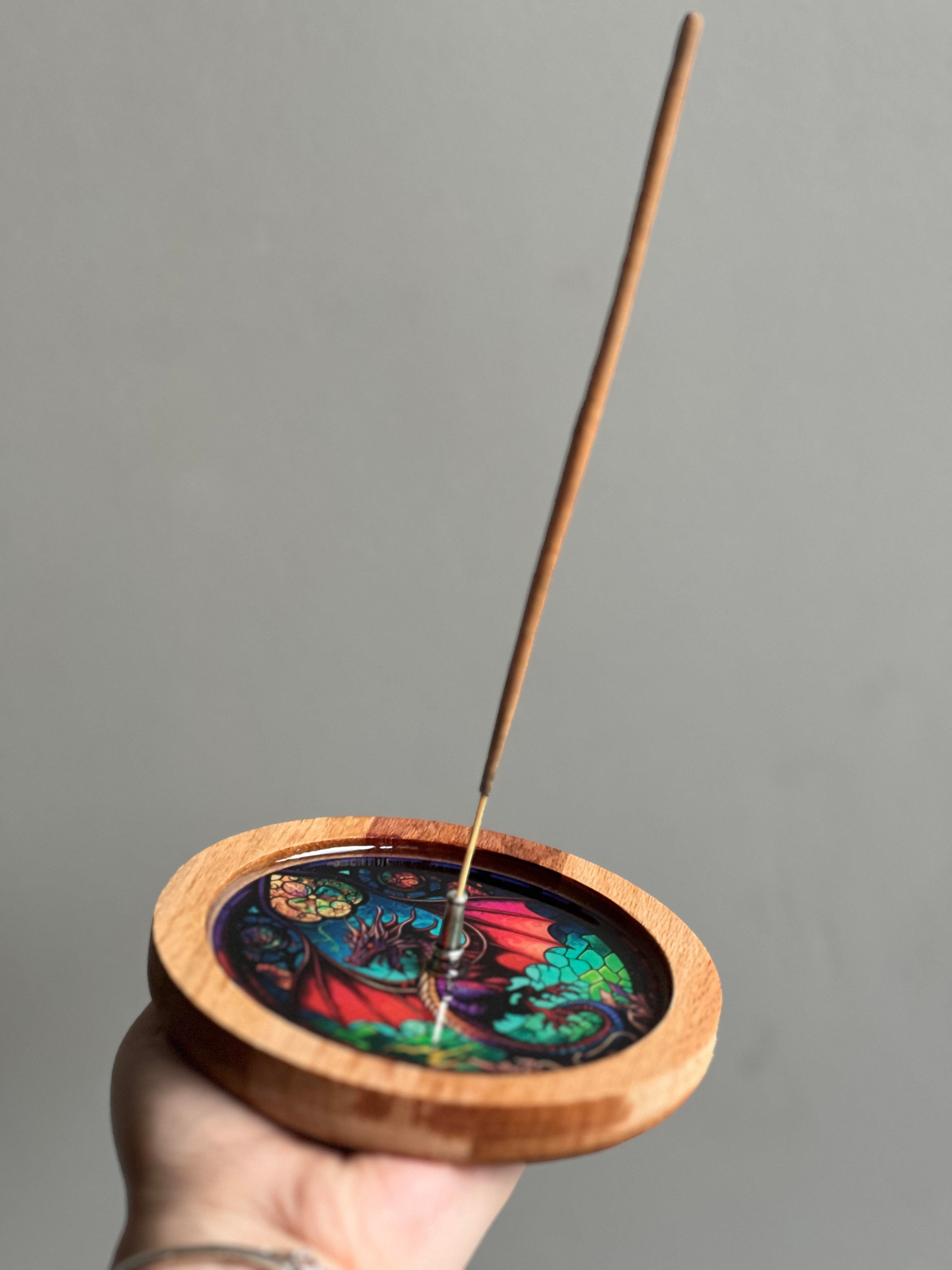 Ahşap Üzerine Epoksi Mandala Desenli Yuvarlak Tütsülük -12 cm Çap- Ejderha/Dragon - Miamantra