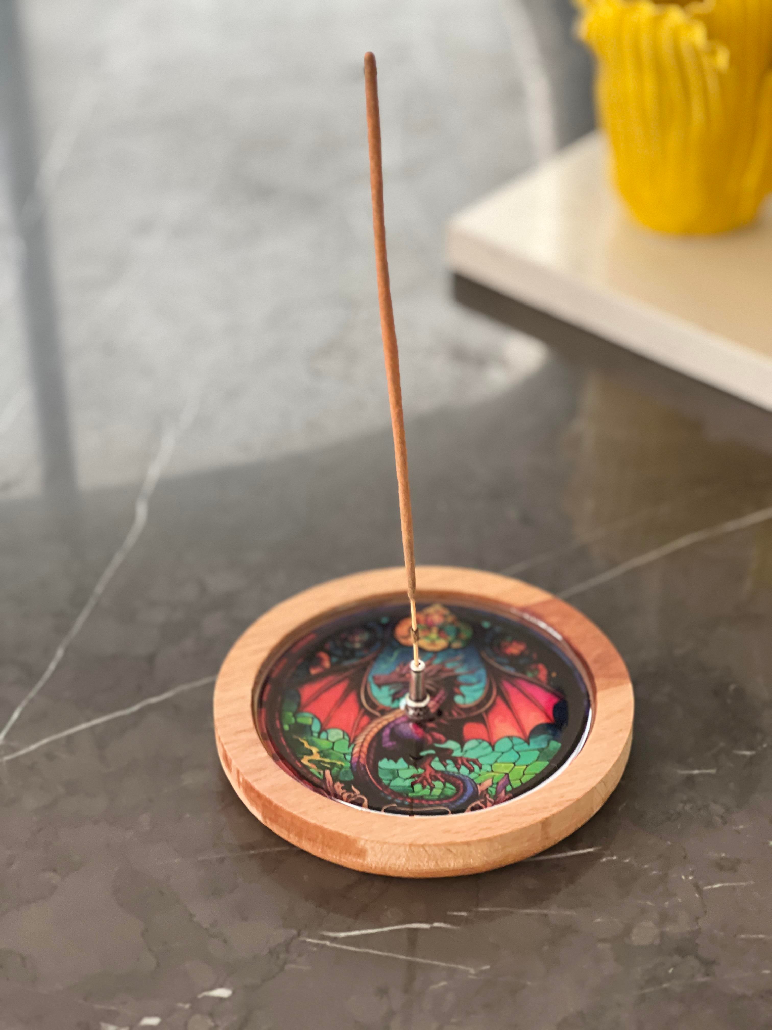 Ahşap Üzerine Epoksi Mandala Desenli Yuvarlak Tütsülük -12 cm Çap- Ejderha/Dragon - Miamantra