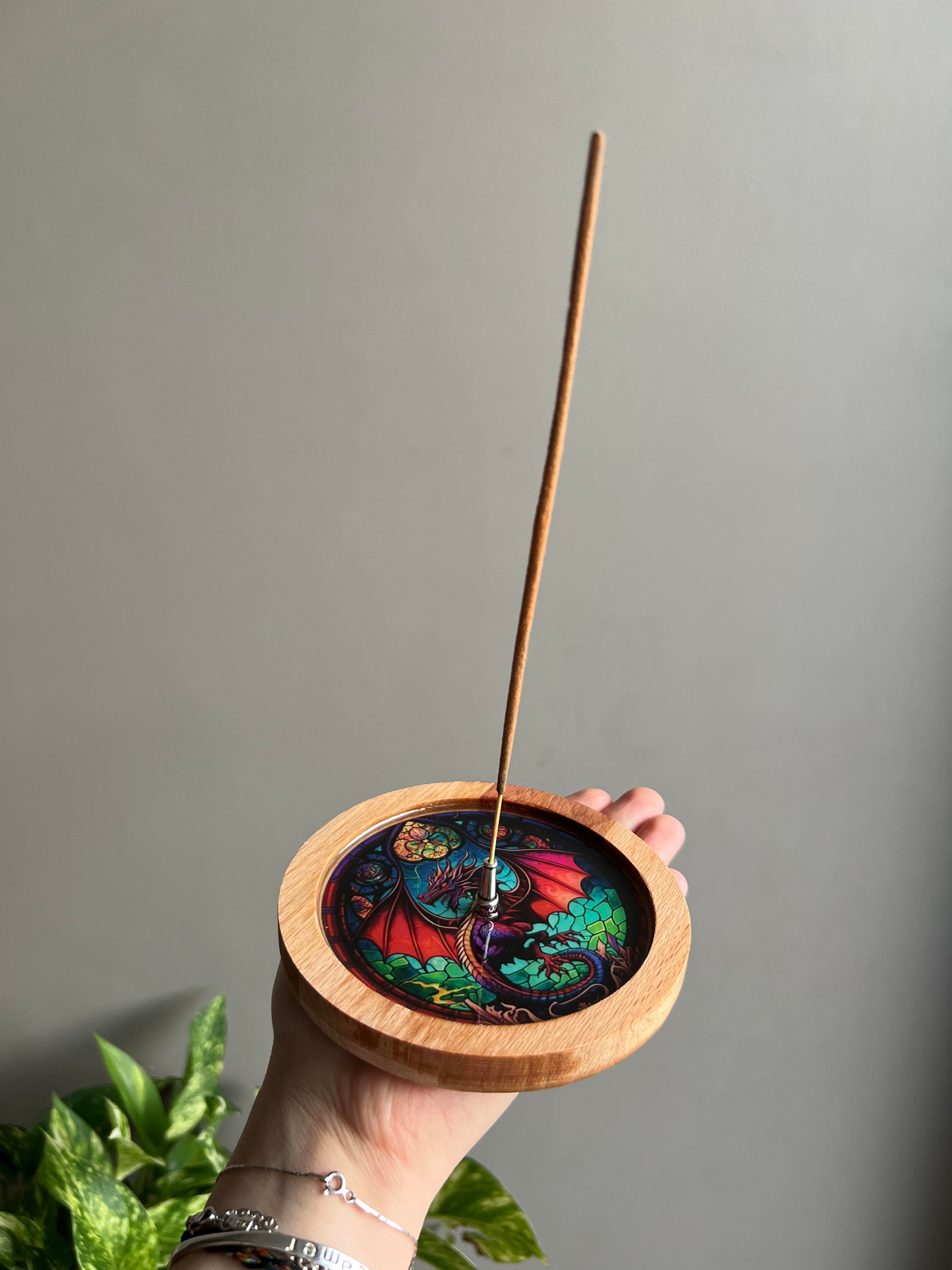 Ahşap Üzerine Epoksi Mandala Desenli Yuvarlak Tütsülük -12 cm Çap- Ejderha/Dragon - Miamantra