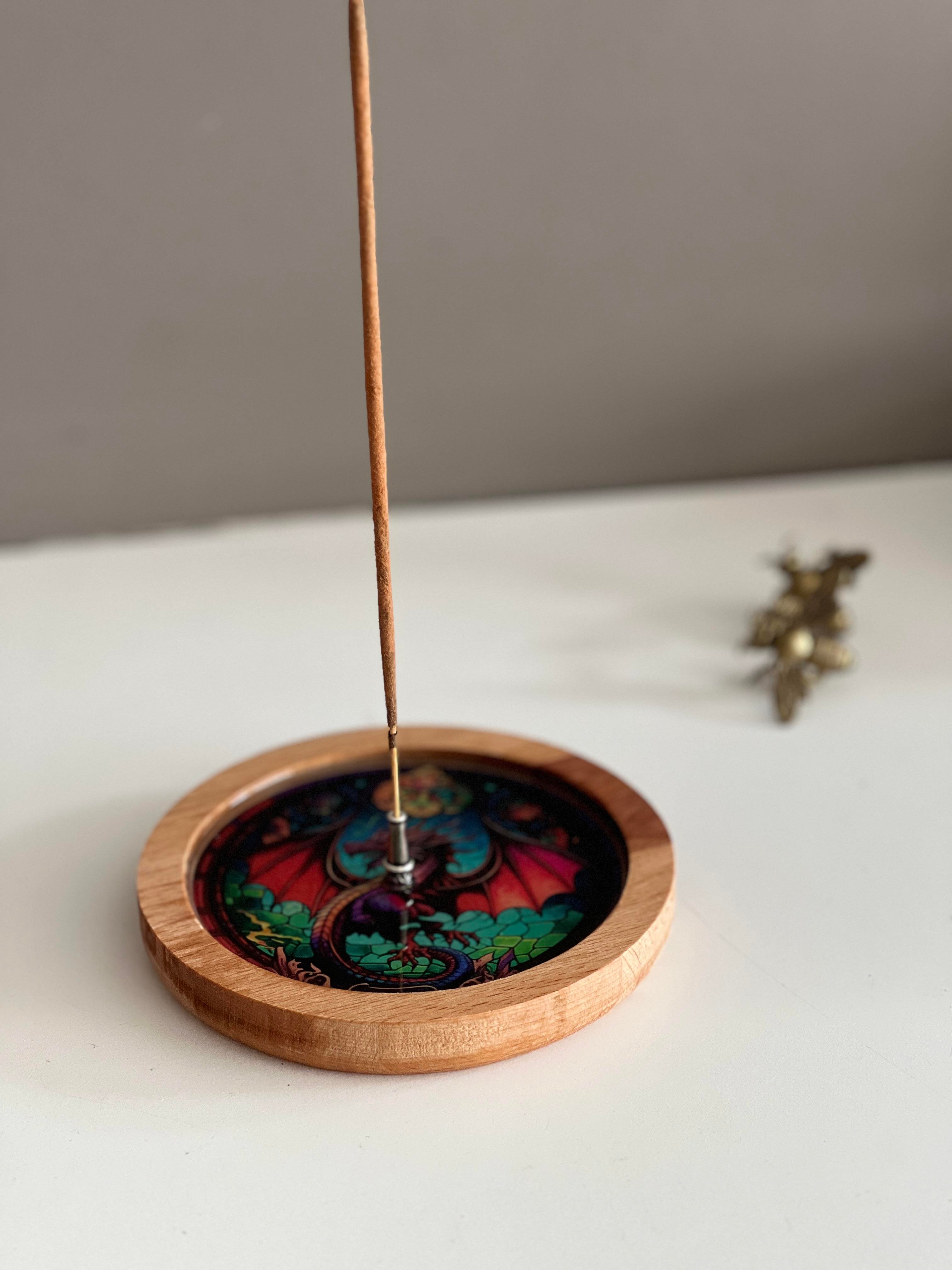 Ahşap Üzerine Epoksi Mandala Desenli Yuvarlak Tütsülük -12 cm Çap- Ejderha/Dragon - Miamantra