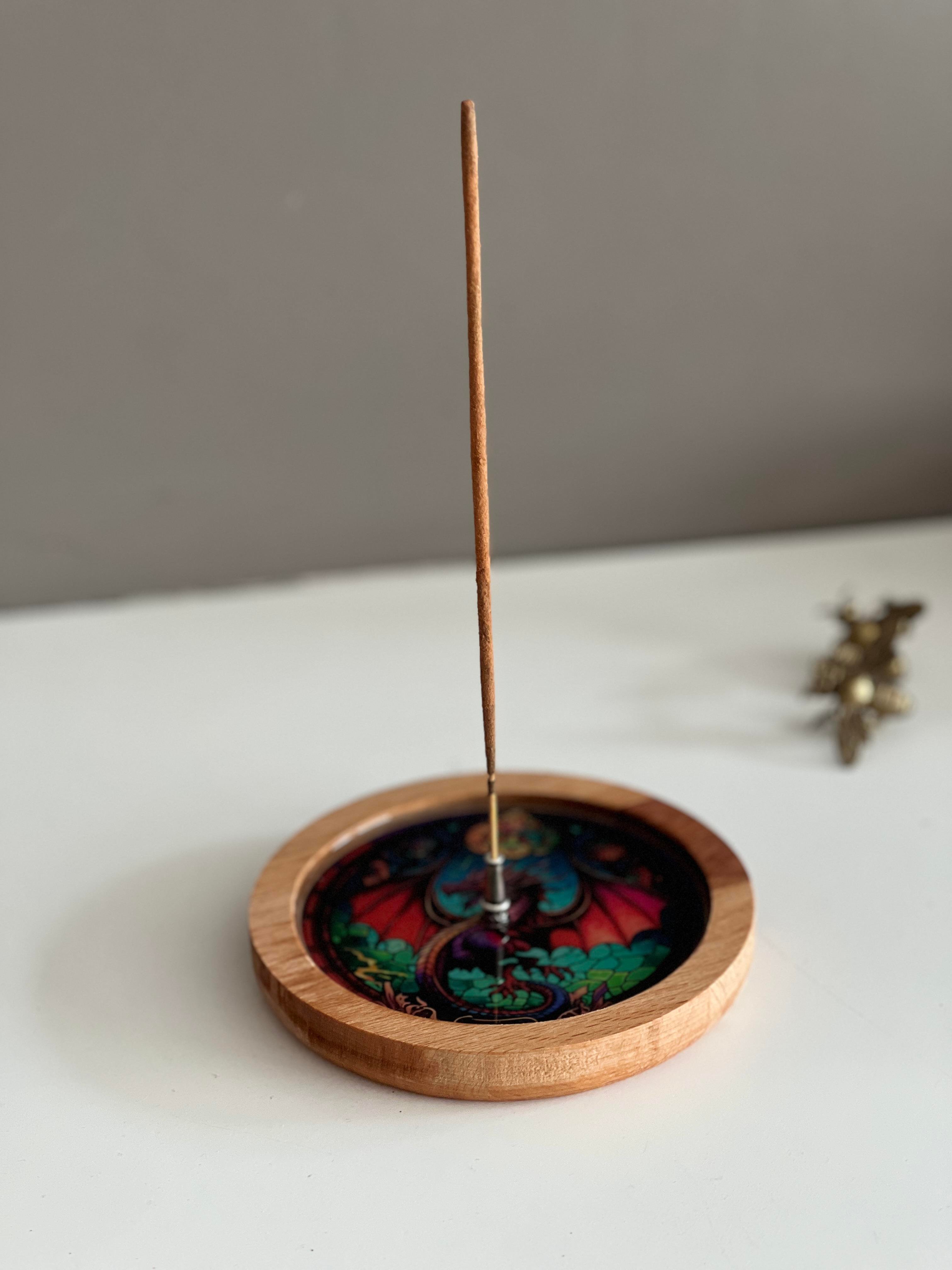 Ahşap Üzerine Epoksi Mandala Desenli Yuvarlak Tütsülük -12 cm Çap- Ejderha/Dragon - Miamantra