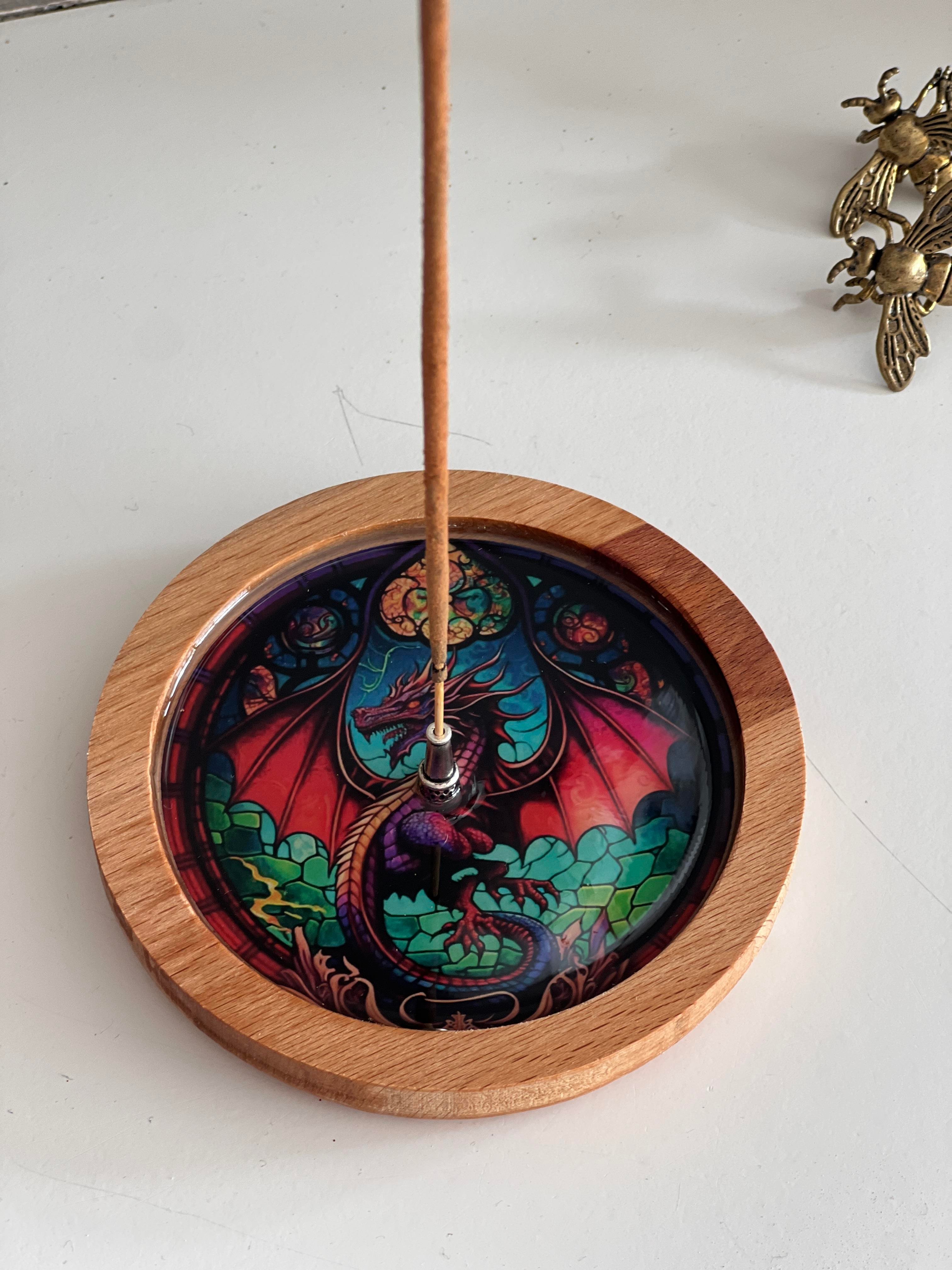 Ahşap Üzerine Epoksi Mandala Desenli Yuvarlak Tütsülük -12 cm Çap- Ejderha/Dragon - Miamantra