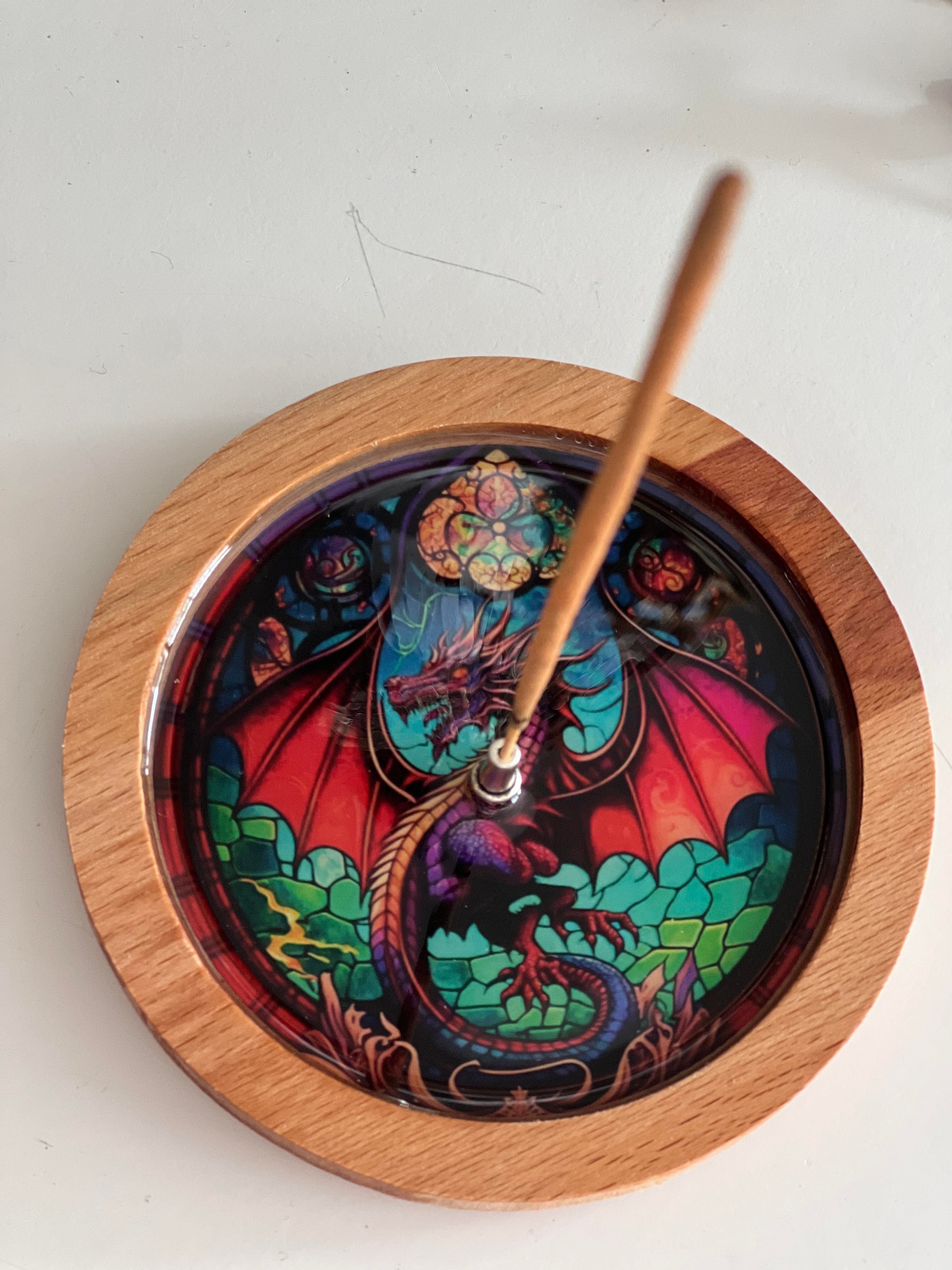 Ahşap Üzerine Epoksi Mandala Desenli Yuvarlak Tütsülük -12 cm Çap- Ejderha/Dragon - Miamantra