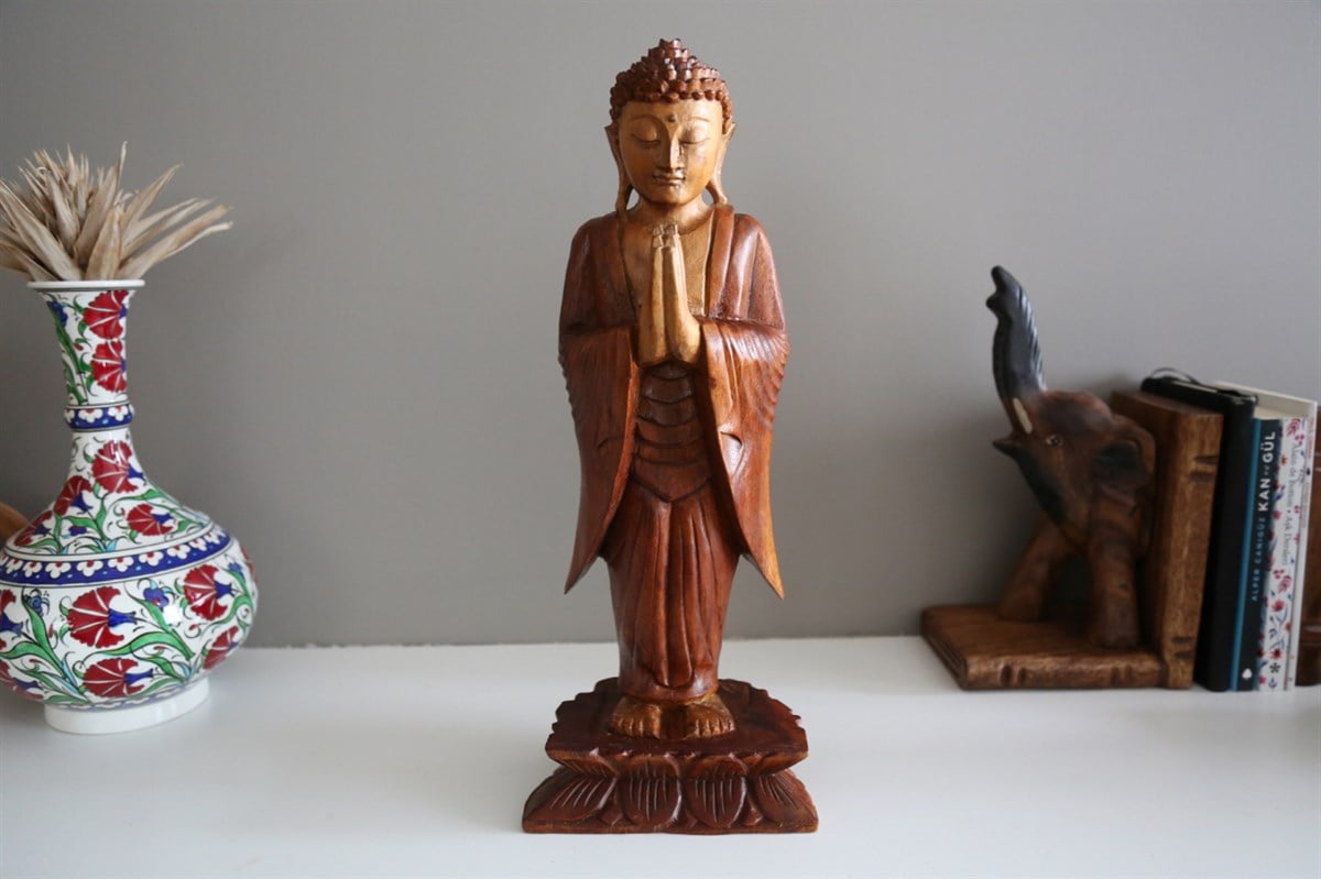 Ayakta Duran Buda Selamlama Duruşlu Ahşap El Yapımı Heykel- NAMASKARA MUDRA (43 cm)