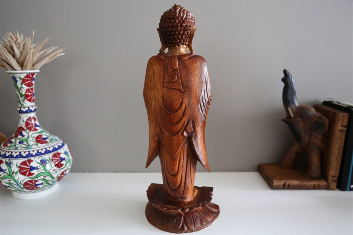 Ayakta Duran Buda Selamlama Duruşlu Ahşap El Yapımı Heykel- NAMASKARA MUDRA (43 cm)