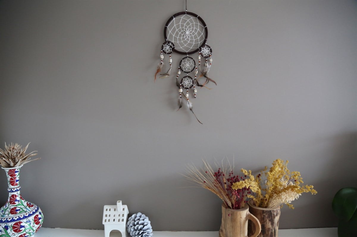 Deniz Kabuklu Kahverengi Rüya Kapanı/ Dreamcatcher - 16 cm çap