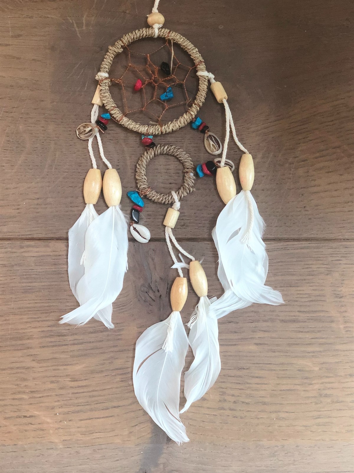 Deniz Kabuklu ve Mini Renkli Boncuklu Hasır Rüya Kapanı (Çap 6 cm)
