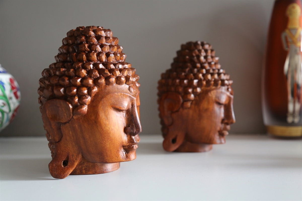 El Yapımı Ahşap Buda Kafası - 15 cm