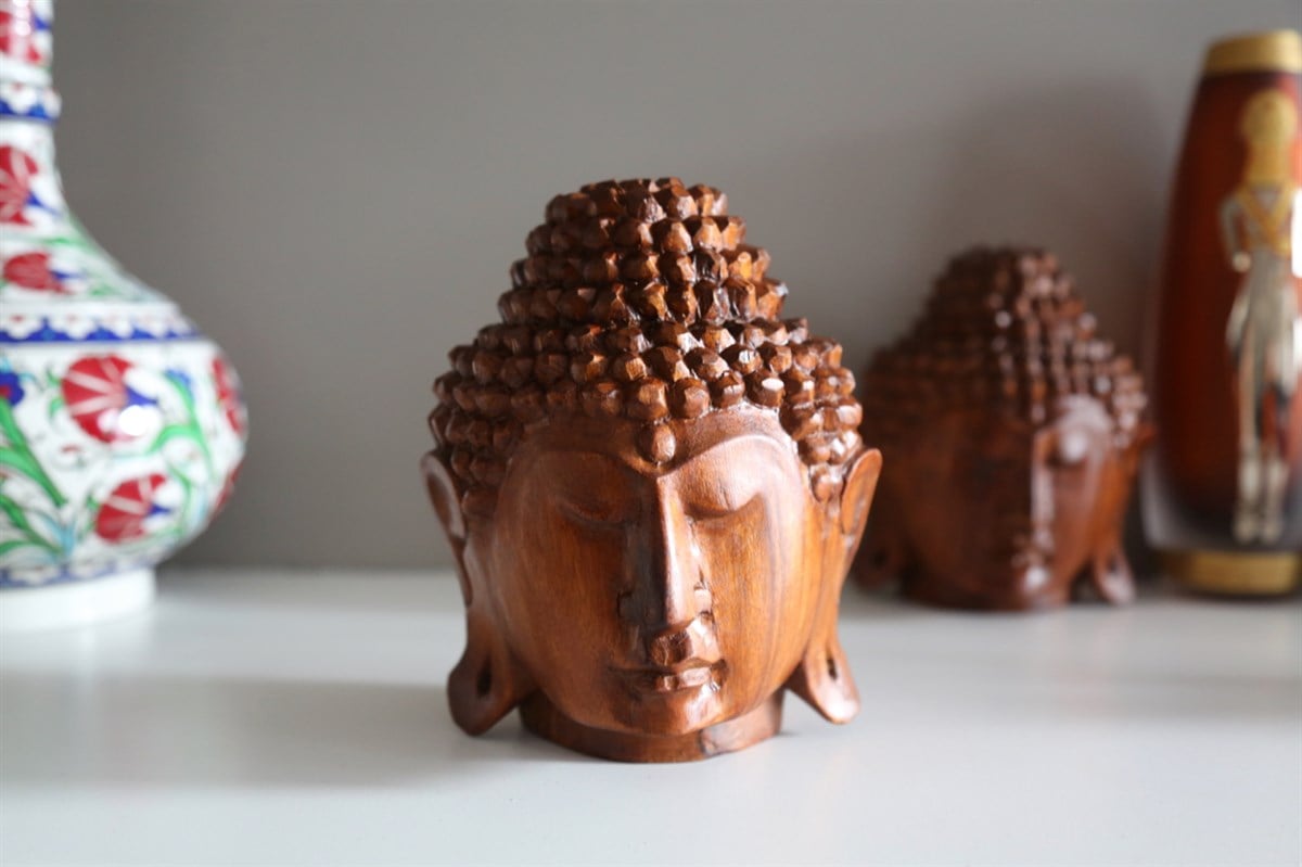 El Yapımı Ahşap Buda Kafası - 15 cm