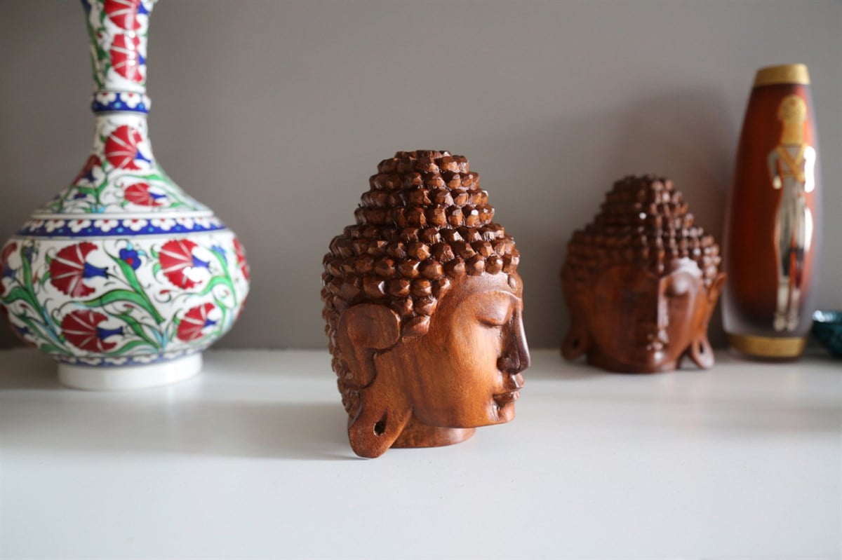 El Yapımı Ahşap Buda Kafası - 15 cm