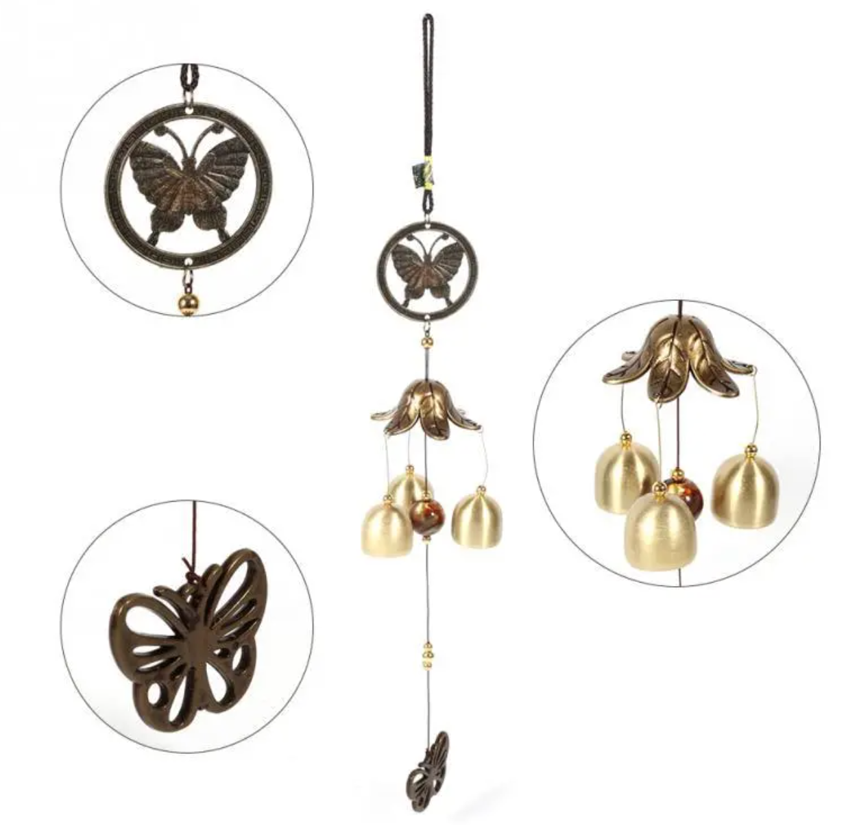 Feng Shui Kelebek Figürlü Çift Katlı Metal Rüzgar Çanı - 60 cm uzunluk - Miamantra