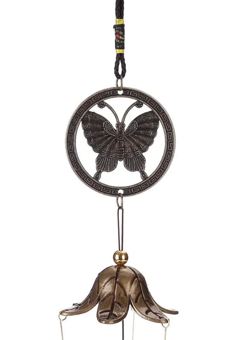 Feng Shui Kelebek Figürlü Çift Katlı Metal Rüzgar Çanı - 60 cm uzunluk - Miamantra