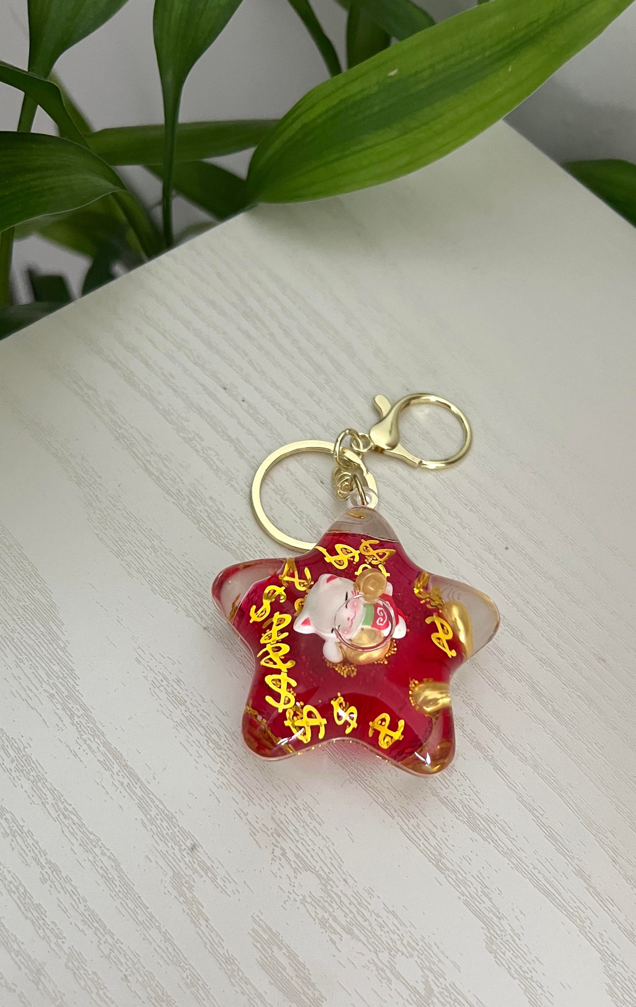 Feng Shui Şans ve Bereket Kedisi Figürlü Sulu Anahtarlık / Çanta Süsü Patili Kedi Model 5(Maneki Neko) - Miamantra