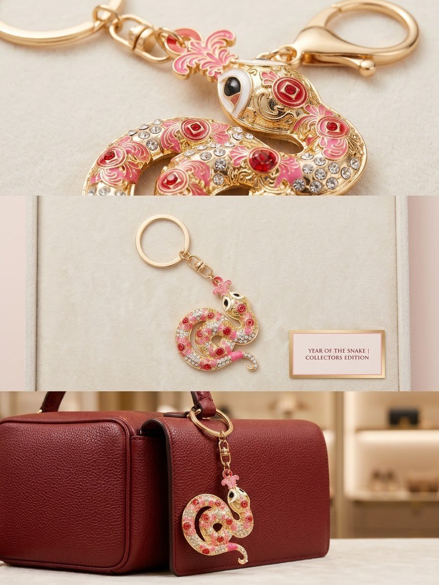 Feng Shui Yılan Şeklinde Altın Ve Renkli Işlemeli Anahtarlık/Yılan Şeklinde Çanta Süsü Charm (7Cm * 7 Cm) - Miamantra