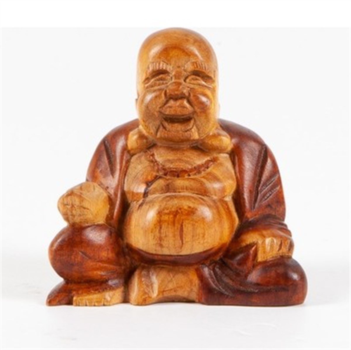 İki Renk Ahşap El Yapımı Gülen Buda (14 cm - 9,5 cm)