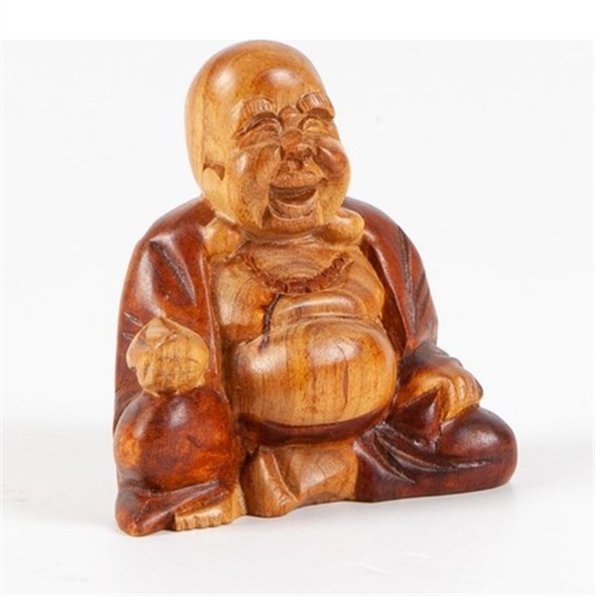 İki Renk Ahşap El Yapımı Gülen Buda (14 cm - 9,5 cm)