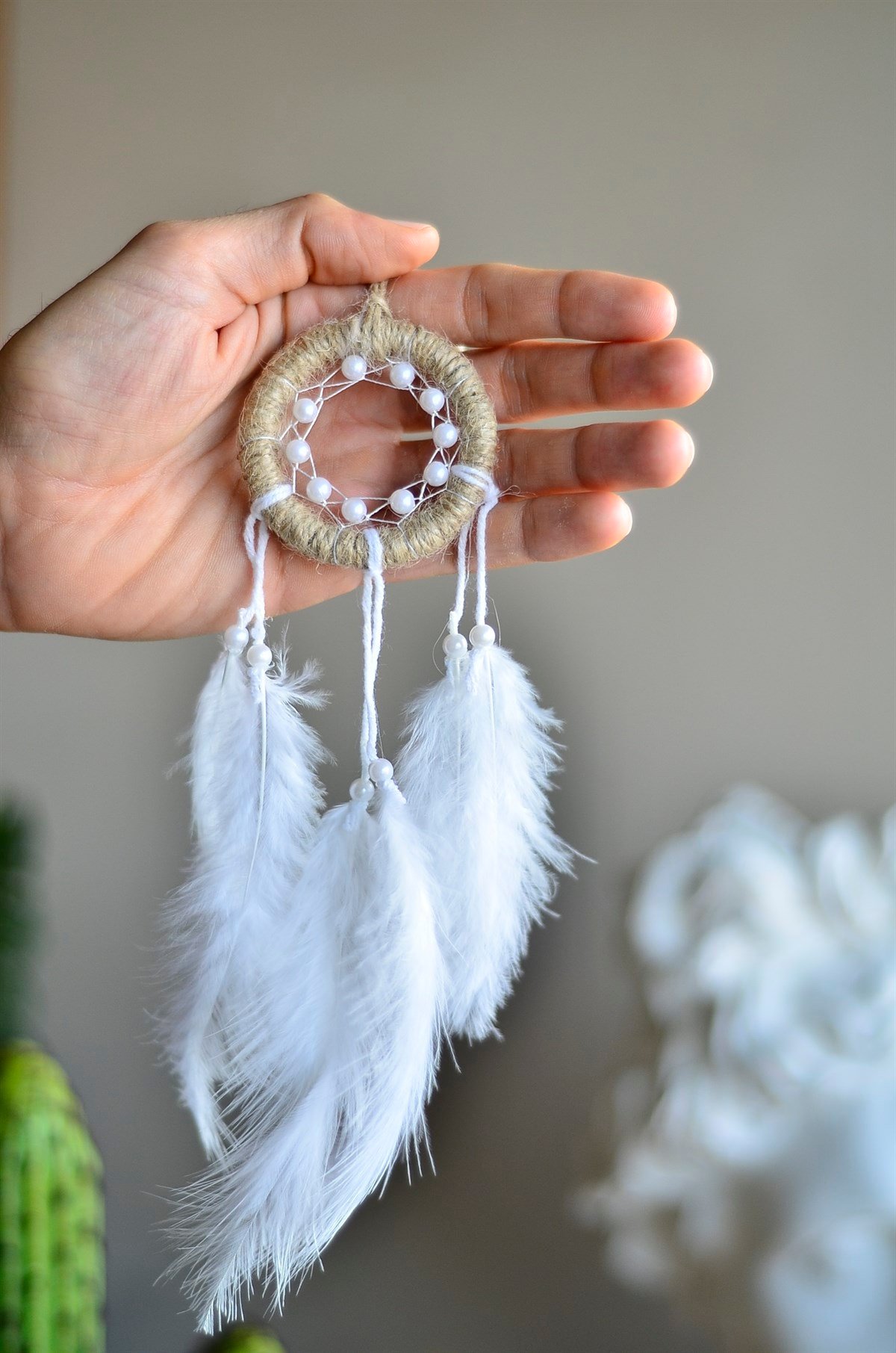 Jüt Kasnaklı İncili Araba Süsü Düş Kapanı / Rüya Kapanı / Dreamcatcher / Dikiz Ayna Süsü - Çap: 6 cm - Miamantra