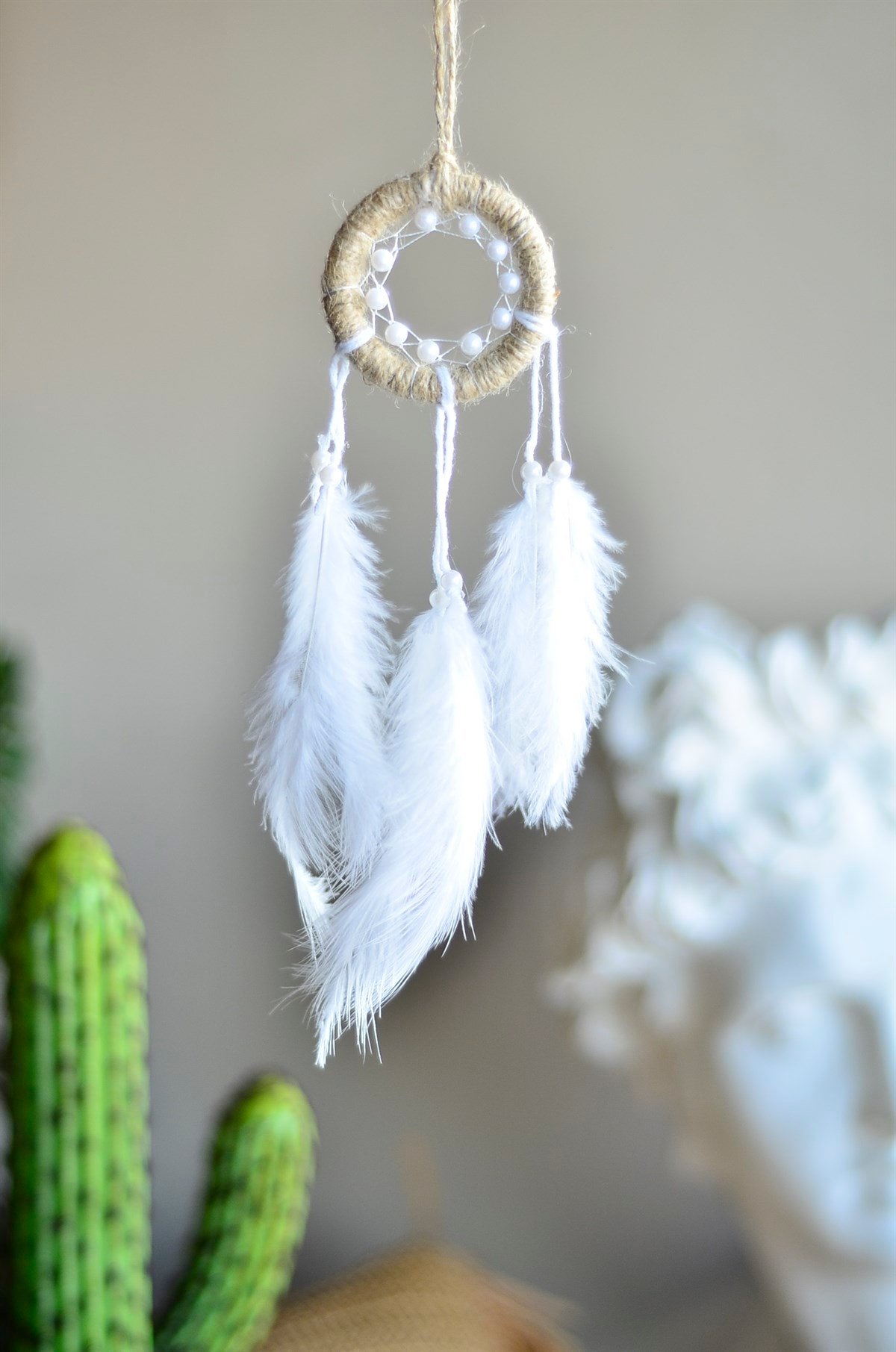 Jüt Kasnaklı İncili Araba Süsü Düş Kapanı / Rüya Kapanı / Dreamcatcher / Dikiz Ayna Süsü - Çap: 6 cm - Miamantra
