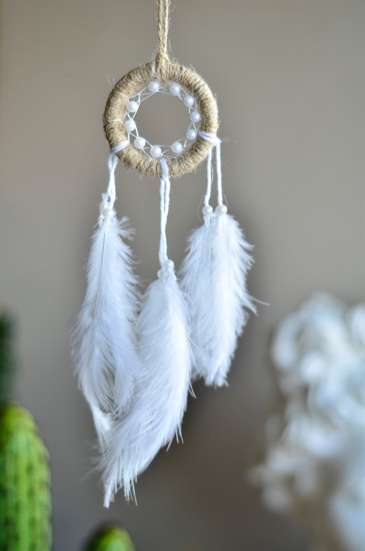 Jüt Kasnaklı İncili Araba Süsü Düş Kapanı / Rüya Kapanı / Dreamcatcher / Dikiz Ayna Süsü - Çap: 6 cm - Miamantra