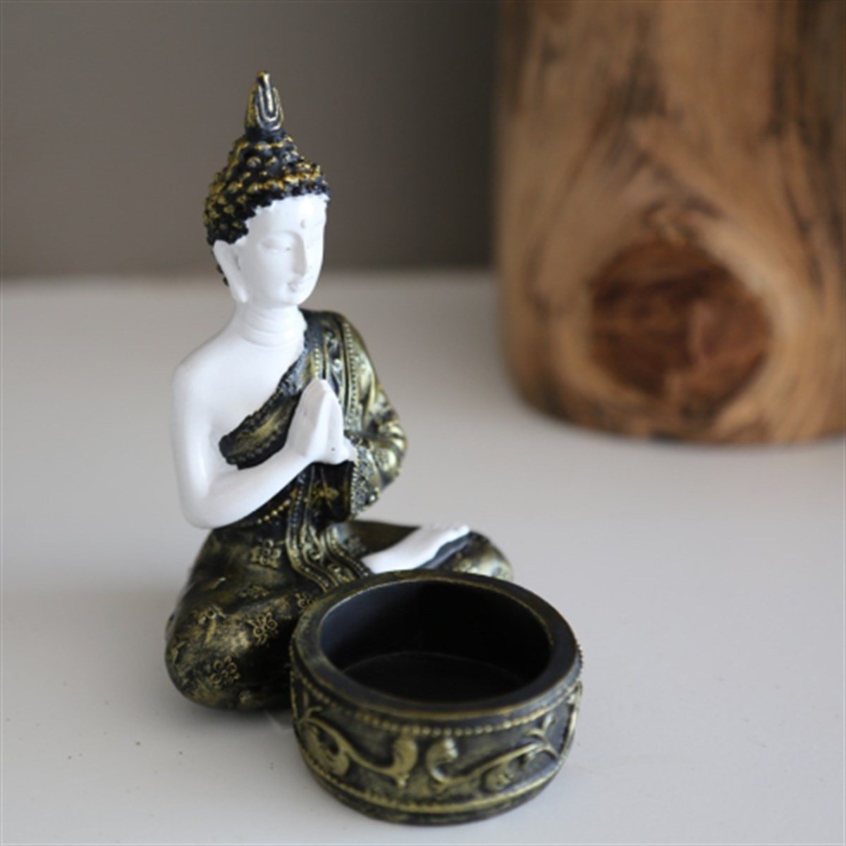 Pirinç Detaylı Beyaz Buda Tealight Mumluklar (11 cm) - Selamlama - Miamantra