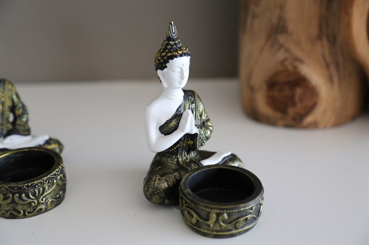 Pirinç Detaylı Beyaz Buda Tealight Mumluklar (11 cm)