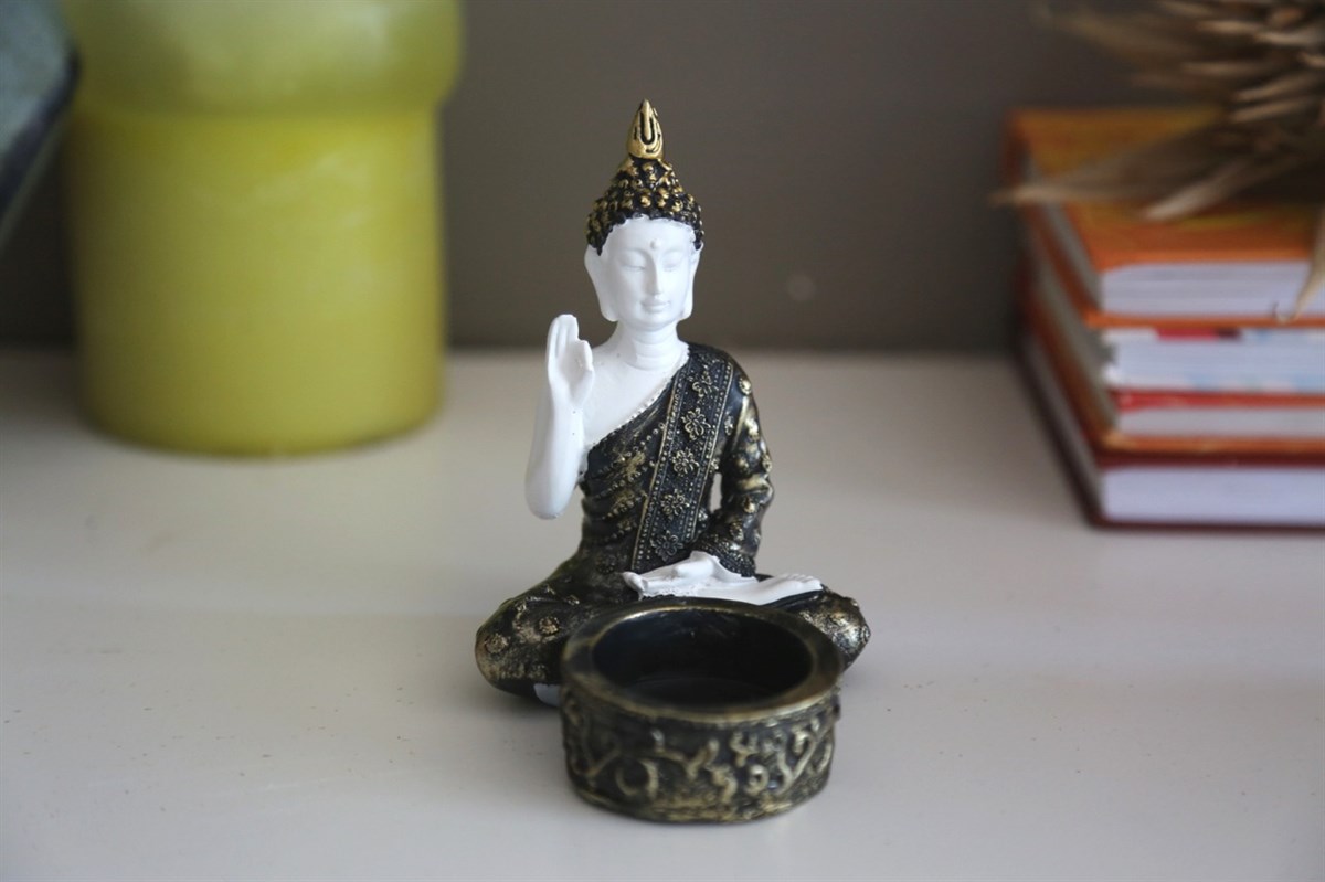 Pirinç Detaylı Beyaz Buda Tealight Mumluklar (11 cm)